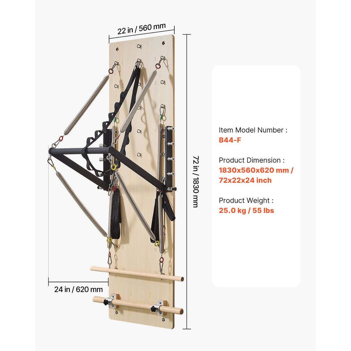 Wall Mounted Pilates Reformer Machine, Maple Wood Pilates Springboard, Exercise Equipment with Resistance Springs, Yoga Fitness Trainer, Suitable for Flexibility Balance, Home Gym Studio Workout