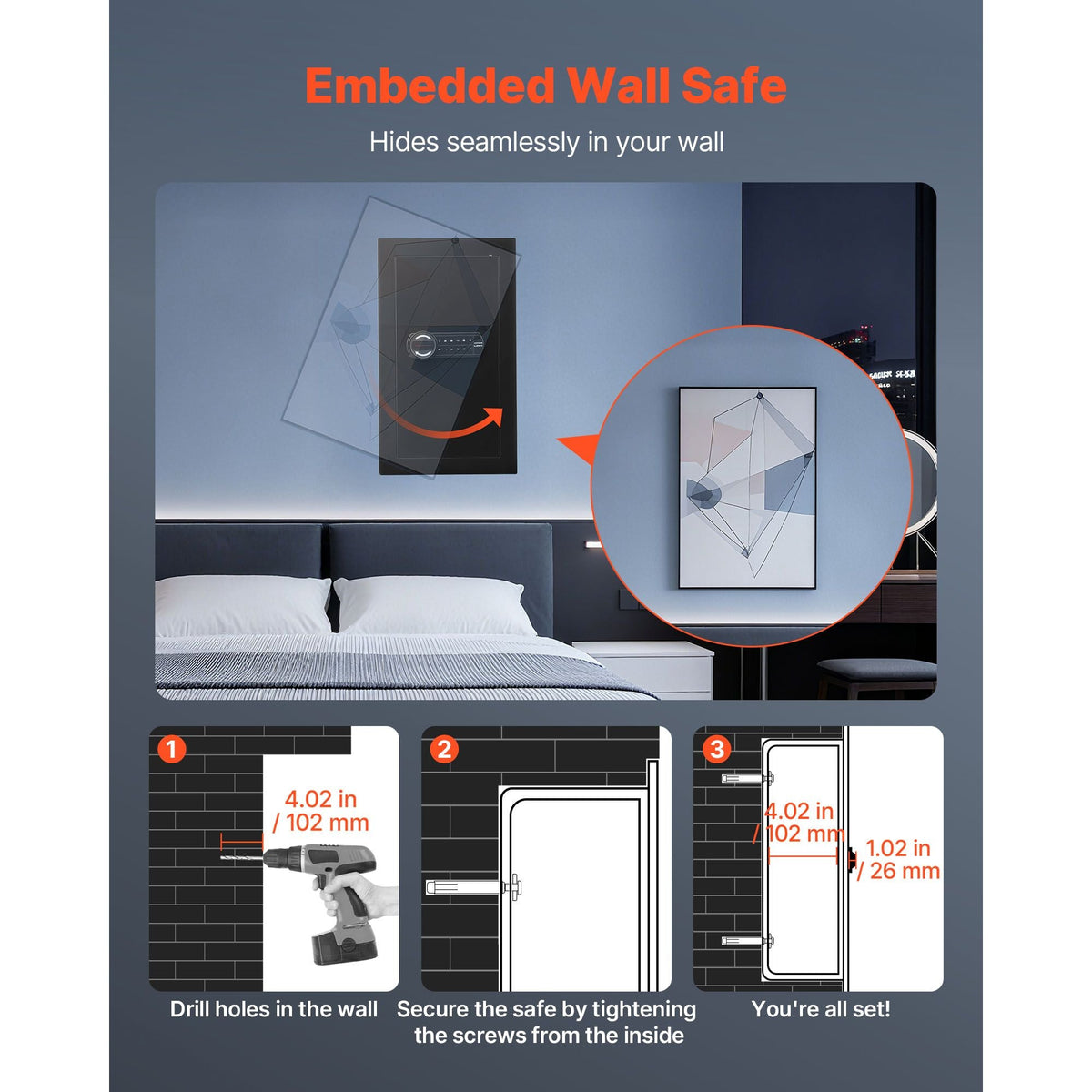 Wall Safe, 3-Tier Hidden Wall Mounted Safe with Password & Key, Q235 Cold-Rolled Steel In-Wall Box with LED Lighting, 2 Adjustable Shelves & 5 Key Holders for Money, Jewelry, Passport, Black