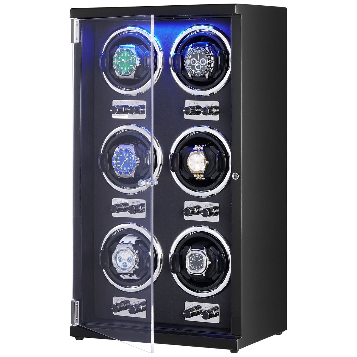 Watch Winder, Watch Winder for 6 Men's and Women's Automatic Watches, with 6 Super Quiet Japanese Mabuchi Motors, Blue LED Light and Adapter, High-Density Board Shell and Black PU