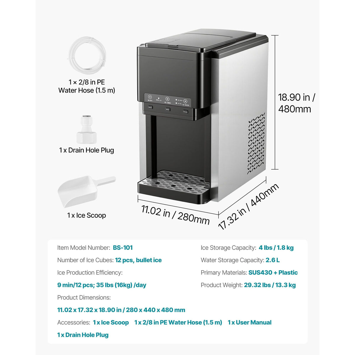 Water Dispenser with Ice Maker, 3-in-1 Countertop Water Dispenser, 35 LBS/24H, 12 Cubes/7 Min Fast Ice Making with 4 LBS Storage, Bullet/Crushed Ices & Cold-Water, for Home, Kitchen, Party