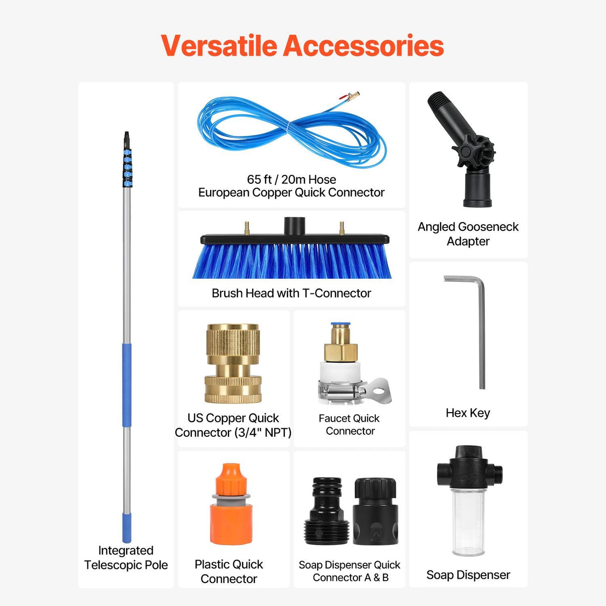 Water Fed Pole Kit, 36FT Solar Panel Cleaning Pole with Extendable Handle, 180° Rotatable Brush Head & 65.6FT Hose, Household & Outdoor Window Cleaner Tool for Caravan Solar Panel Deck