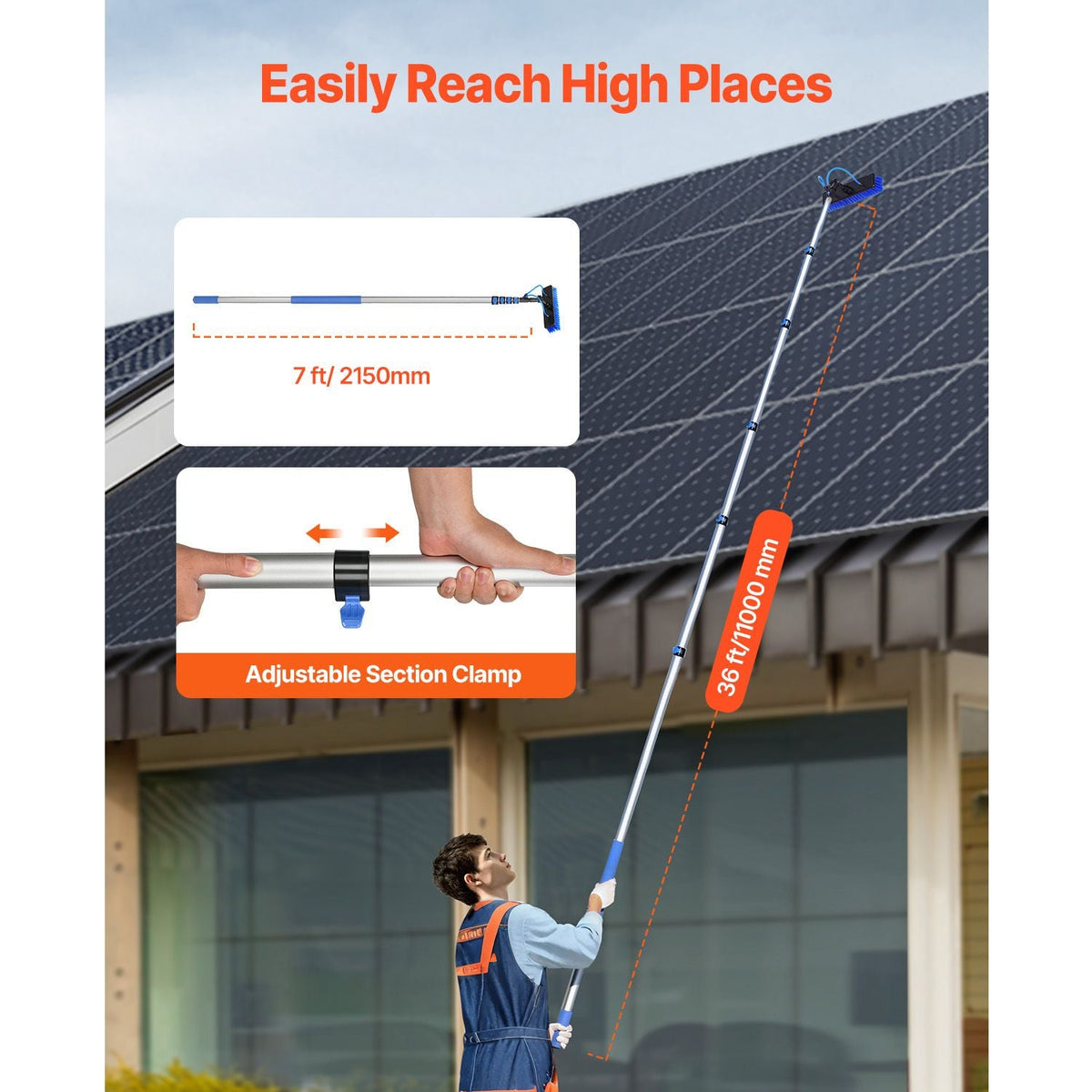 Water Fed Pole Kit, 36FT Solar Panel Cleaning Pole with Extendable Handle, 180° Rotatable Brush Head & 65.6FT Hose, Household & Outdoor Window Cleaner Tool for Caravan Solar Panel Deck