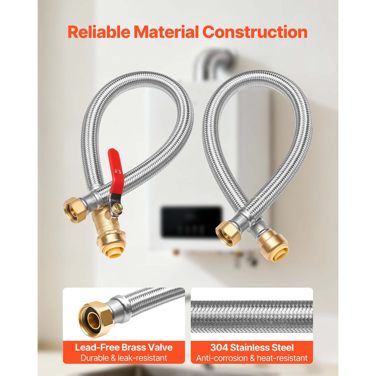 Water Heater Kit, Push-Fit Valve Flexible Water Heater Connector with 3/4" FIP x 3/4" PTC Ball Valve, Stainless Steel Braided Waters Heaters Supply Line for Bathroom, Kitchen, Laundry Room