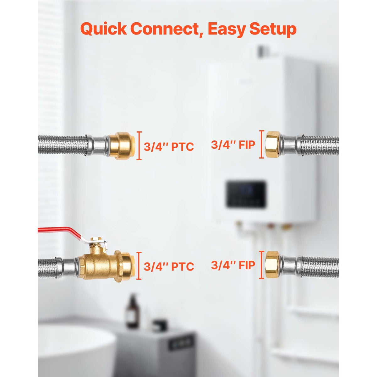 Water Heater Kit, Push-Fit Valve Flexible Water Heater Connector with 3/4" FIP x 3/4" PTC Ball Valve, Stainless Steel Braided Waters Heaters Supply Line for Bathroom, Kitchen, Laundry Room