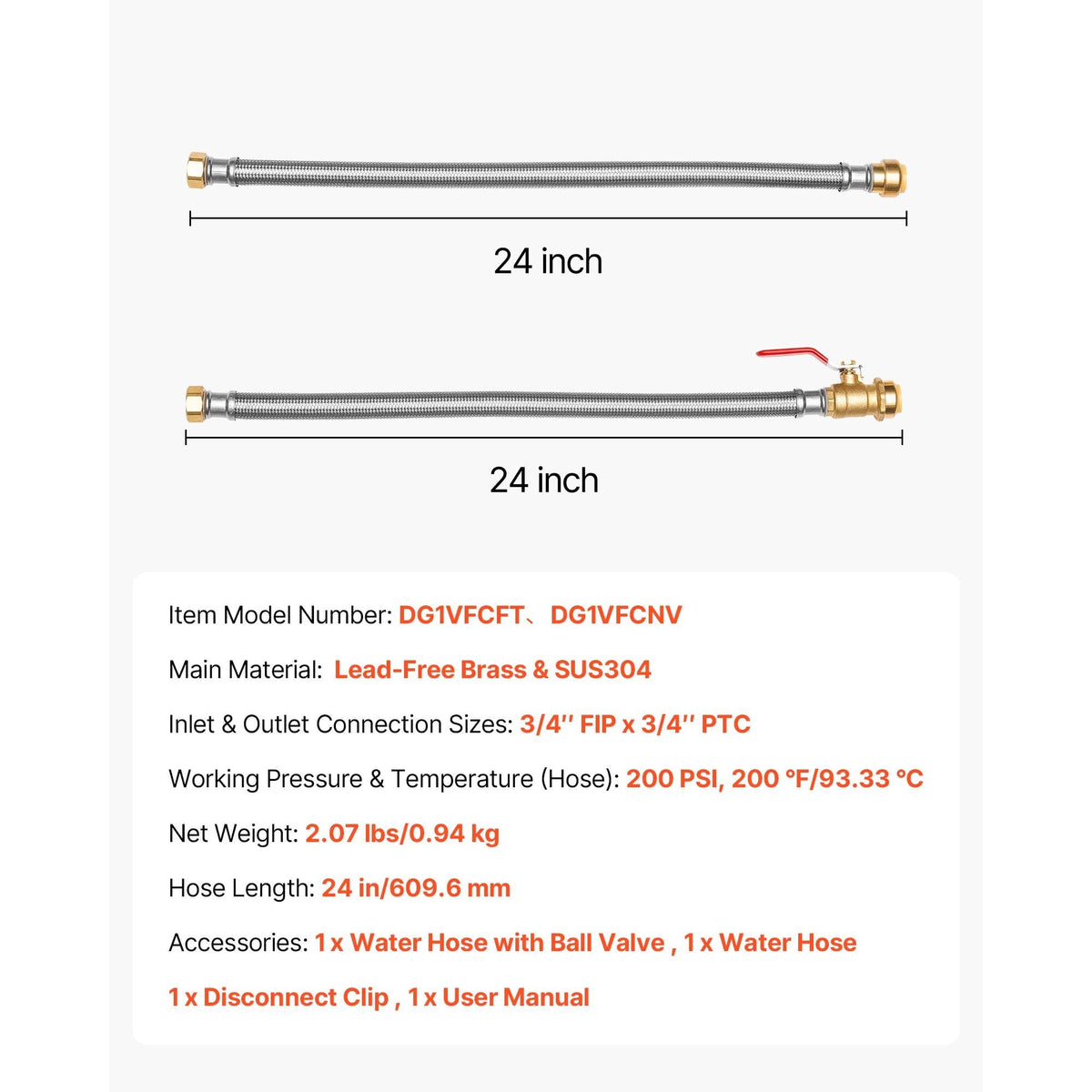 Water Heater Kit, Push-Fit Valve Flexible Water Heater Connector with 3/4" FIP x 3/4" PTC Ball Valve, Stainless Steel Braided Waters Heaters Supply Line for Bathroom, Kitchen, Laundry Room