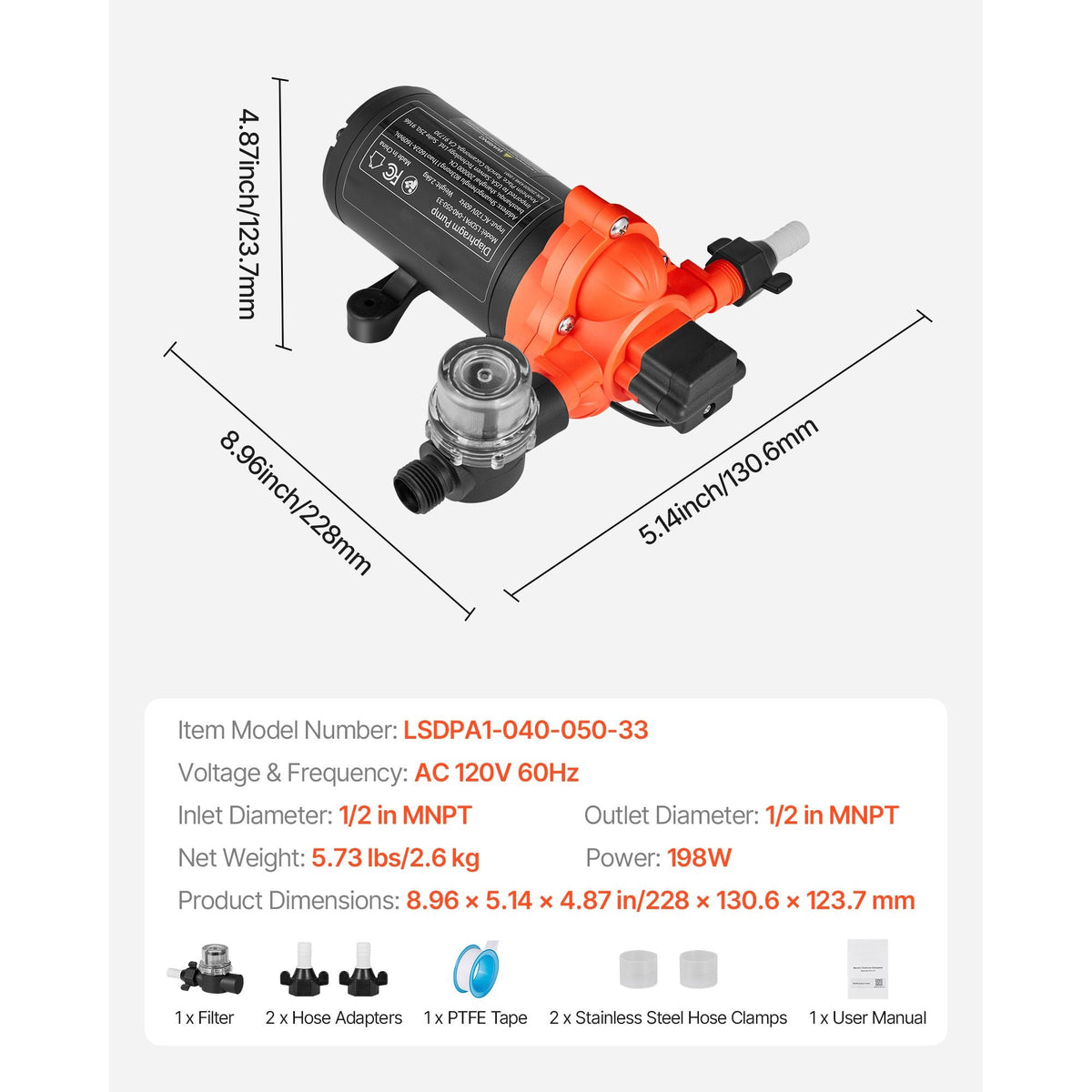 Water Pressure Pump, 110V AC 4 GPM, 3-Chamber On Demand Electric Diaphragm Water Transfer Pump, 45 PSI Max Pressure, Automatic Pressure Switch, for Home Kitchen Garden Irrigation Car Washing