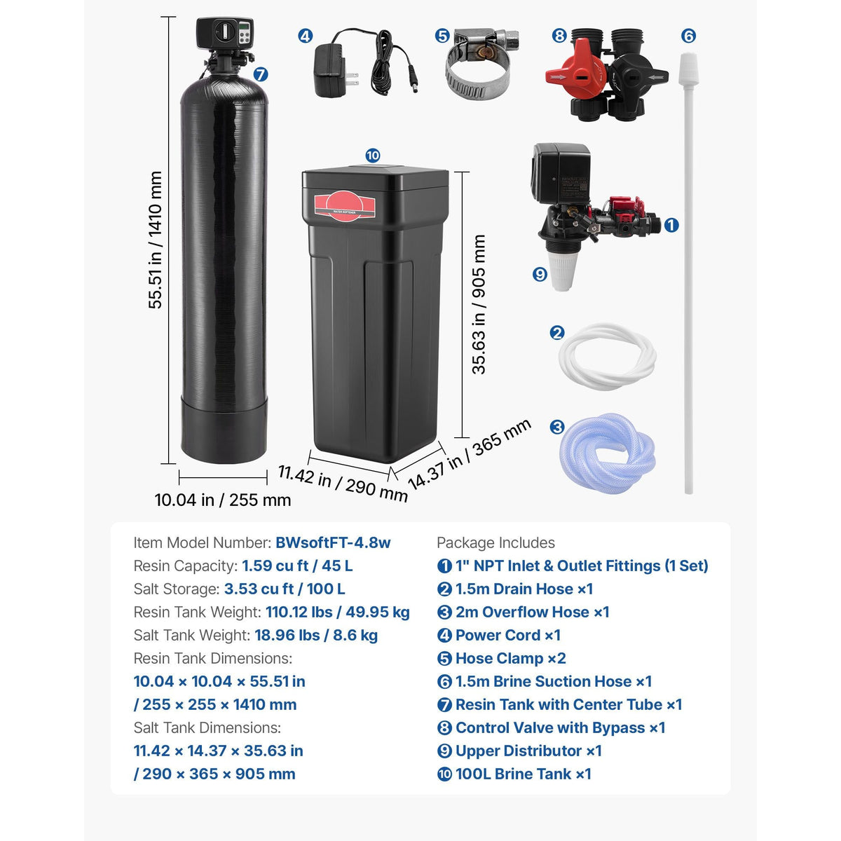 Water Softener, 48,000 Grains Whole House Water Softener System, with Automatic Digital Control Head, Bypass Valve, Reduce Hardness and Minerals, Improve Water Quality, for 3-4 Bathrooms