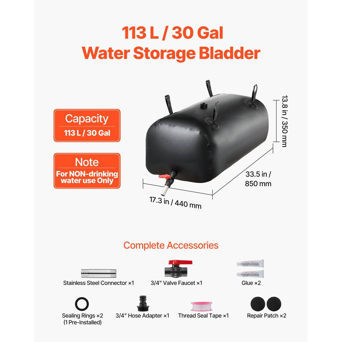Water Storage Bladder, 30 Gal Collapsible Water Storage Bag, Wear-Resistant 1000D PVC Soft Waters Bag, Leakproof Camping Tank Containers for Garden Irrigation RV Emergency Use, Black
