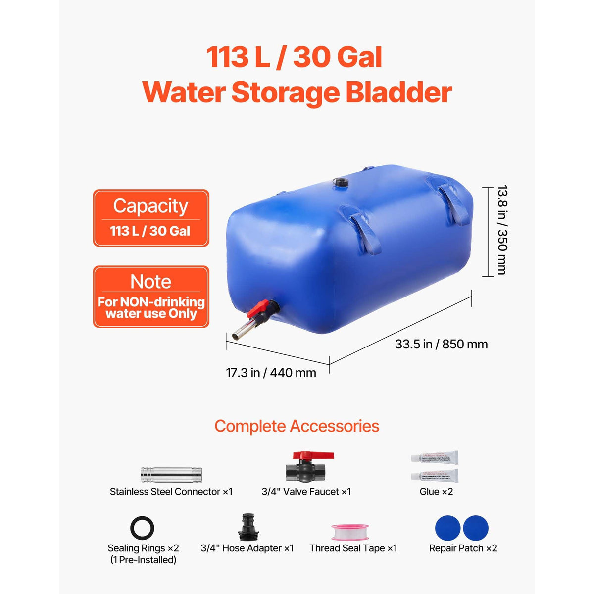 Water Storage Bladder 30 Gallon Large Capacity Water Bag, Portable & Collapsible Soft Waters Container, Leakproof & Tear-Resistant PVC Emergency Waters Storage Tank for RV Truck & Outdoor Use