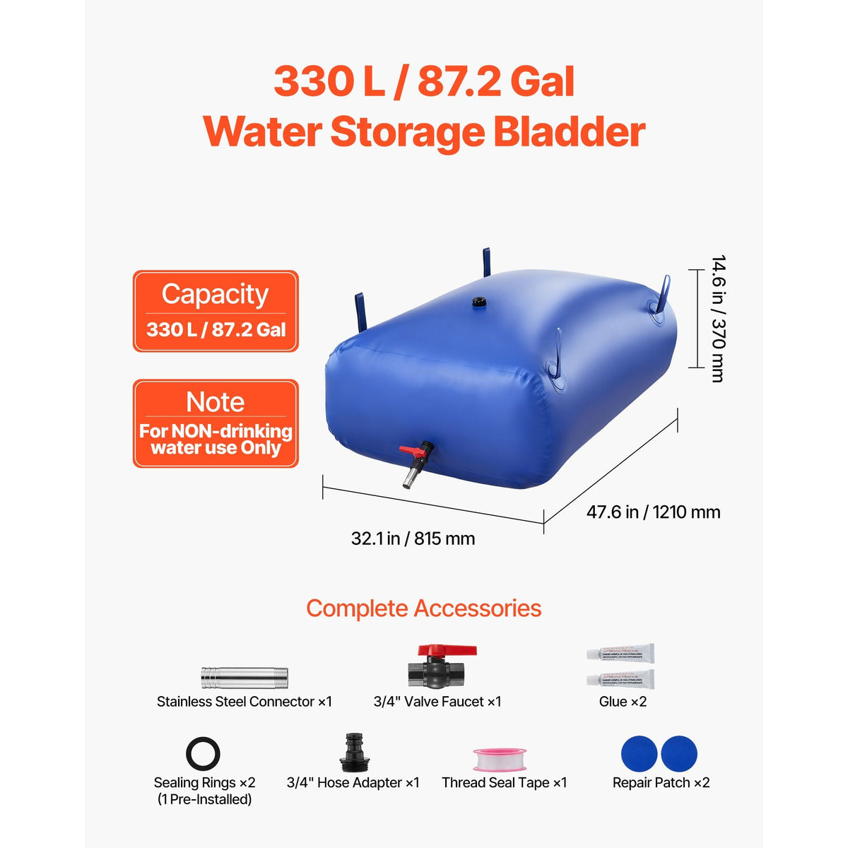 Water Storage Bladder, 87.2 Gal Collapsible Water Storage Bag, Wear-Resistant 1000D PVC Soft Waters Bag, Leakproof Camping Tank Containers for Garden Irrigation RV Emergency Use, Blue