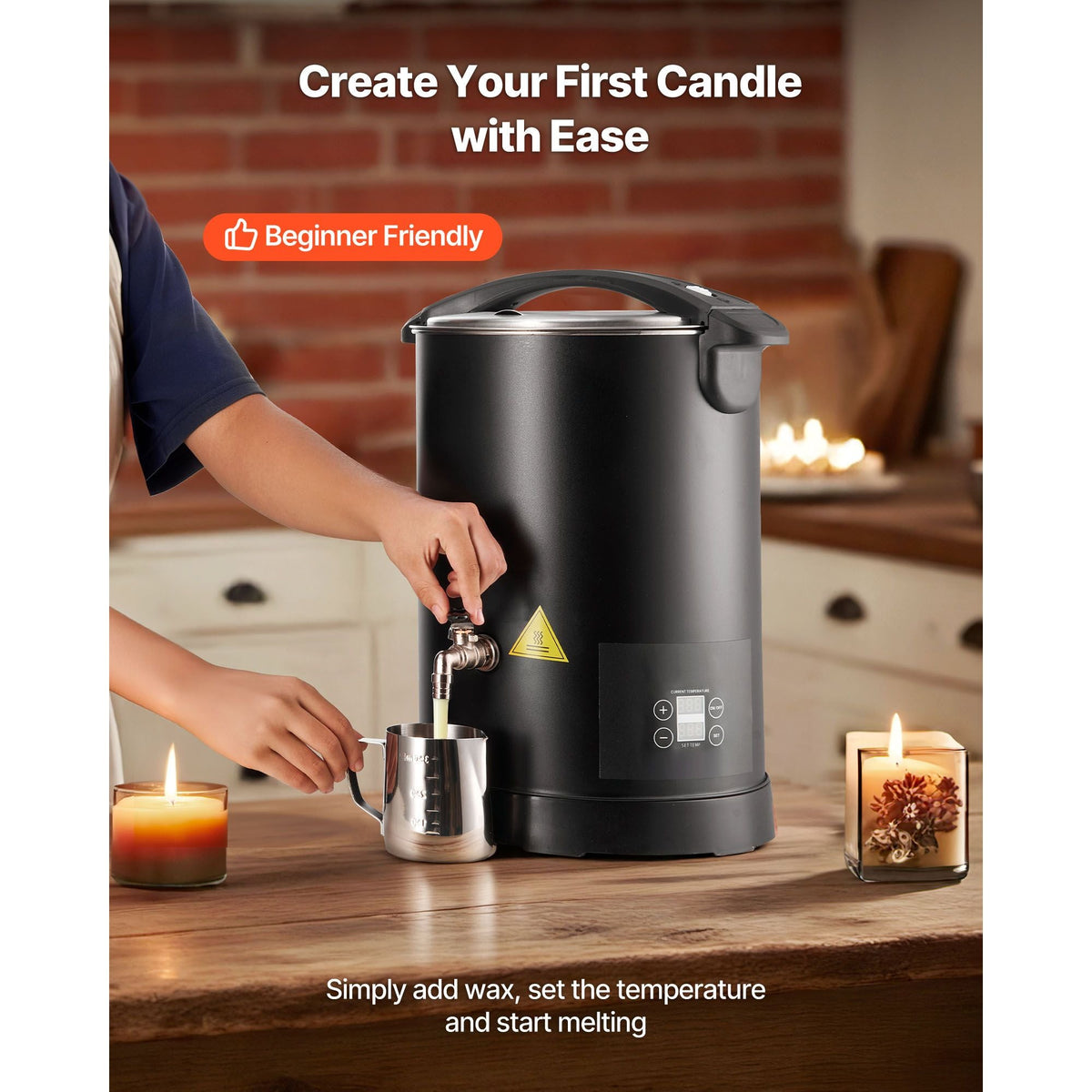 Wax Melter for Candle Making, 10.6 Qts, Fast and Even Heating, with Easy Pour Spout and Temp Digital Display, Hourglass Base for Non-Stick Smooth Flow, Wax Melting Pot for Making Candles Soaps