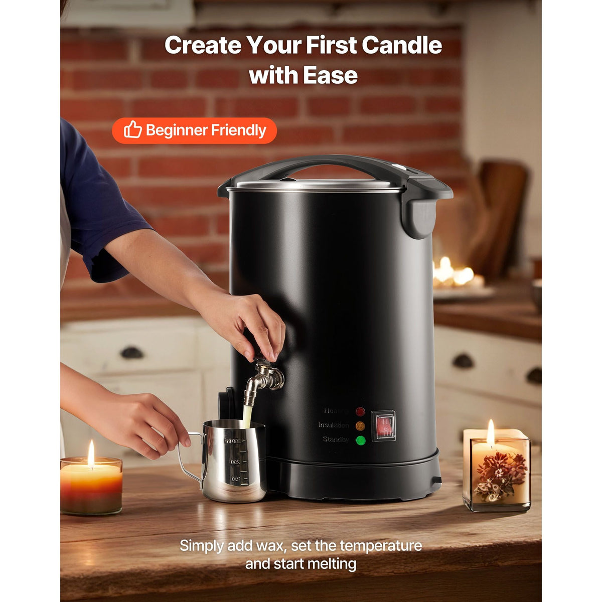 Wax Melter for Candle Making, 10.6 Qts, Fast and Even Heating, with Easy Pour Spout and Temperature Control, Hourglass Base for Non-Stick Smooth Flow, Wax Melting Pot for Making Candles Soaps