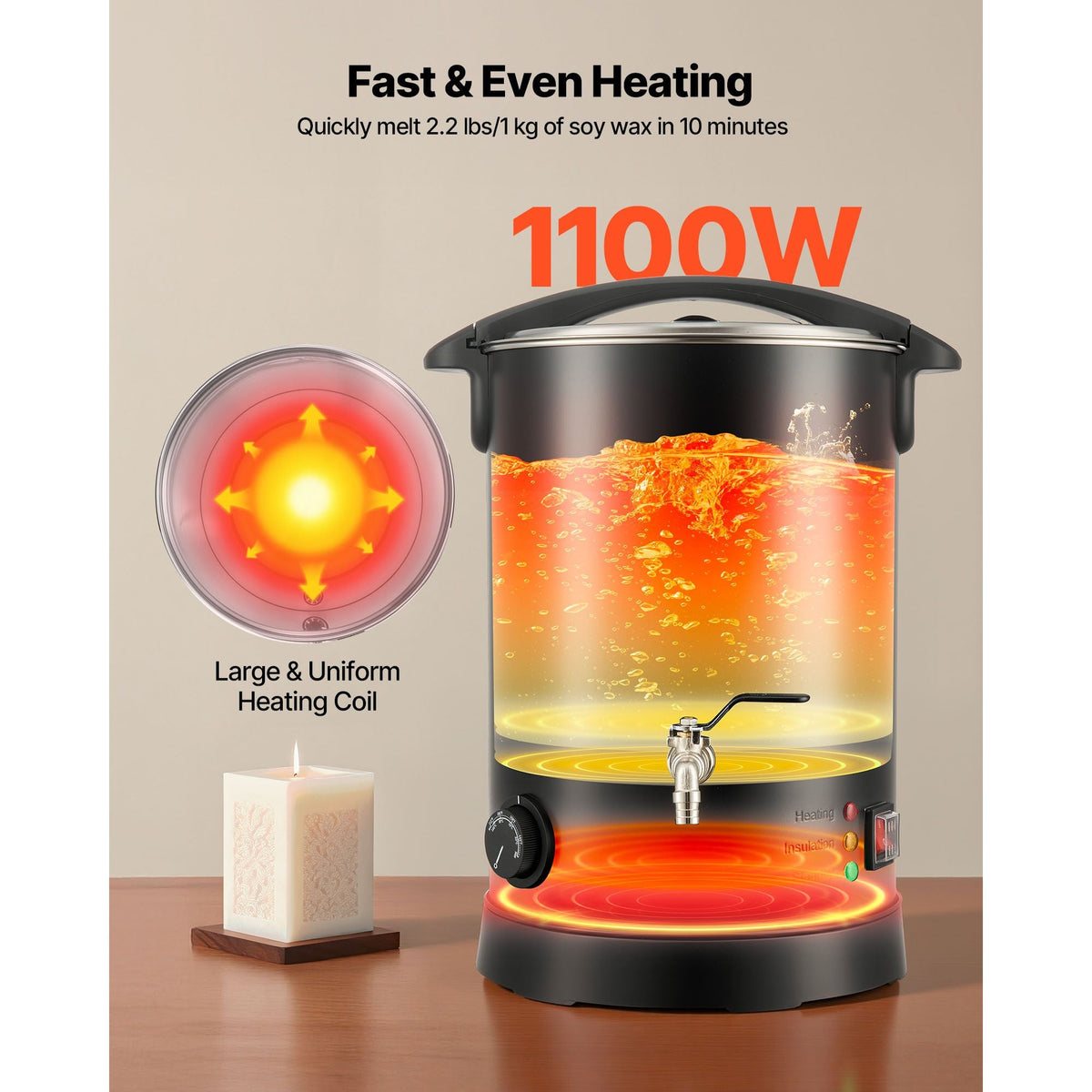 Wax Melter for Candle Making, 10.6 Qts, Fast and Even Heating, with Easy Pour Spout and Temperature Control, Hourglass Base for Non-Stick Smooth Flow, Wax Melting Pot for Making Candles Soaps