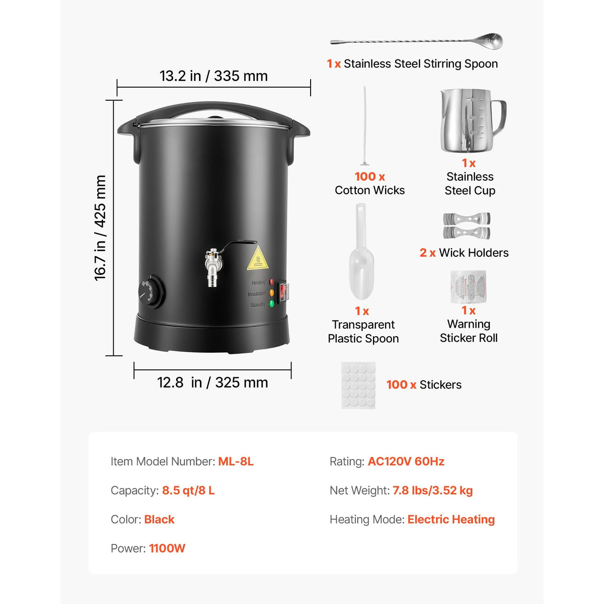 Wax Melter for Candle Making, 8.5 Qts, Fast and Even Heating, with Easy Pour Spout and Temperature Control, Hourglass Base for Non-Stick Smooth Flow, Wax Melting Pot for Making Candles Soaps