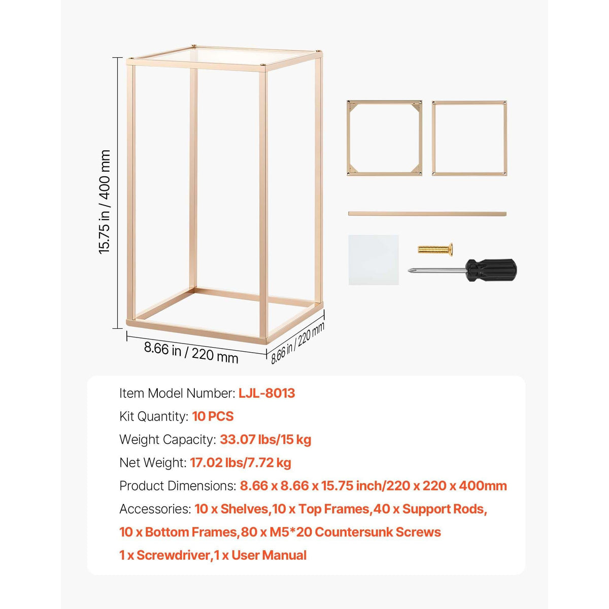 Wedding Flower Stand, 10PCS 15.75-inch Column Flower Stand, Floral Stands with Acrylic Laminate, Gold Rectangular Floral Display Rack for Wedding, Party, Birthday, Home, Gold Centerpiece Stands
