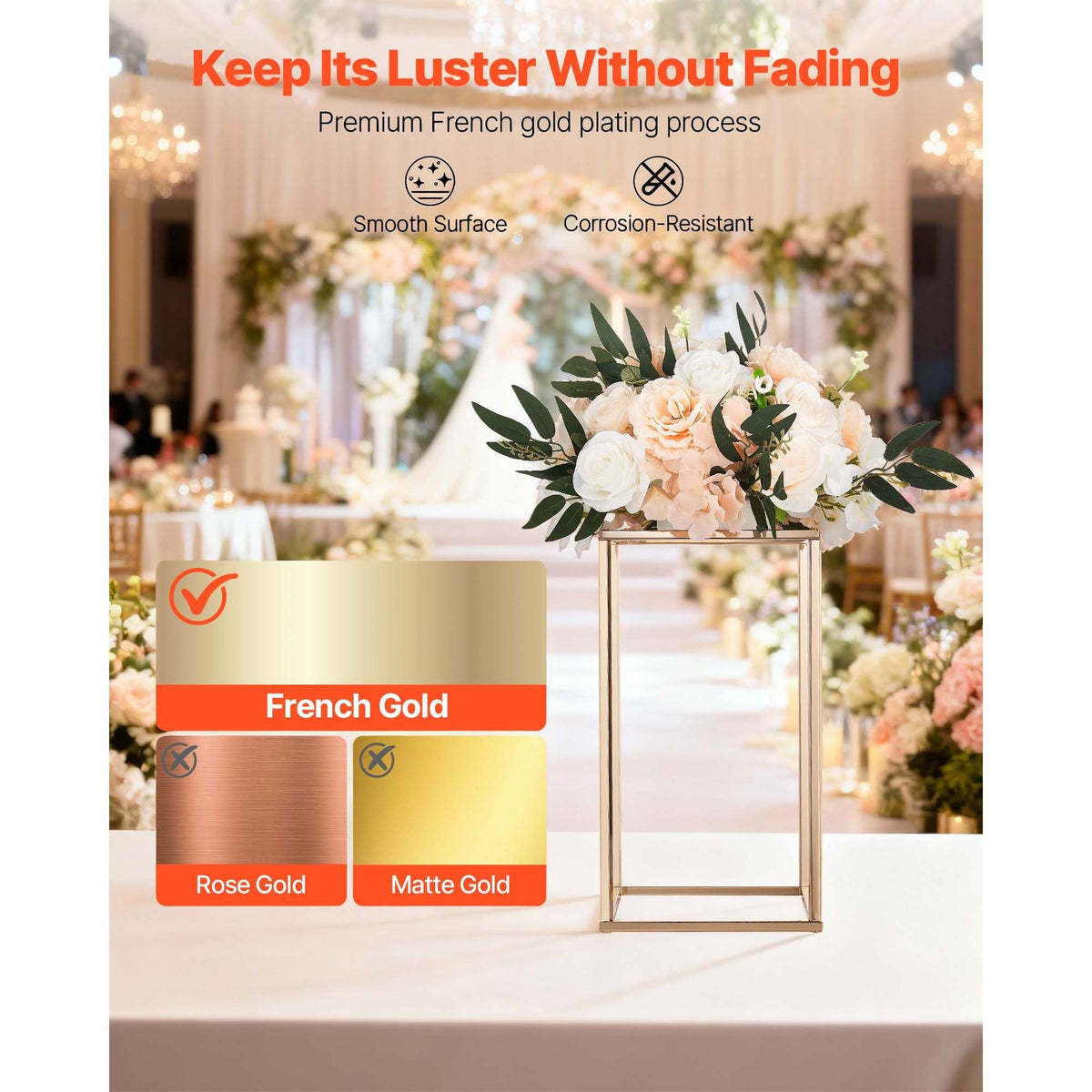 Wedding Flower Stand, 10PCS 15.75-inch Column Flower Stand, Floral Stands with Acrylic Laminate, Gold Rectangular Floral Display Rack for Wedding, Party, Birthday, Home, Gold Centerpiece Stands