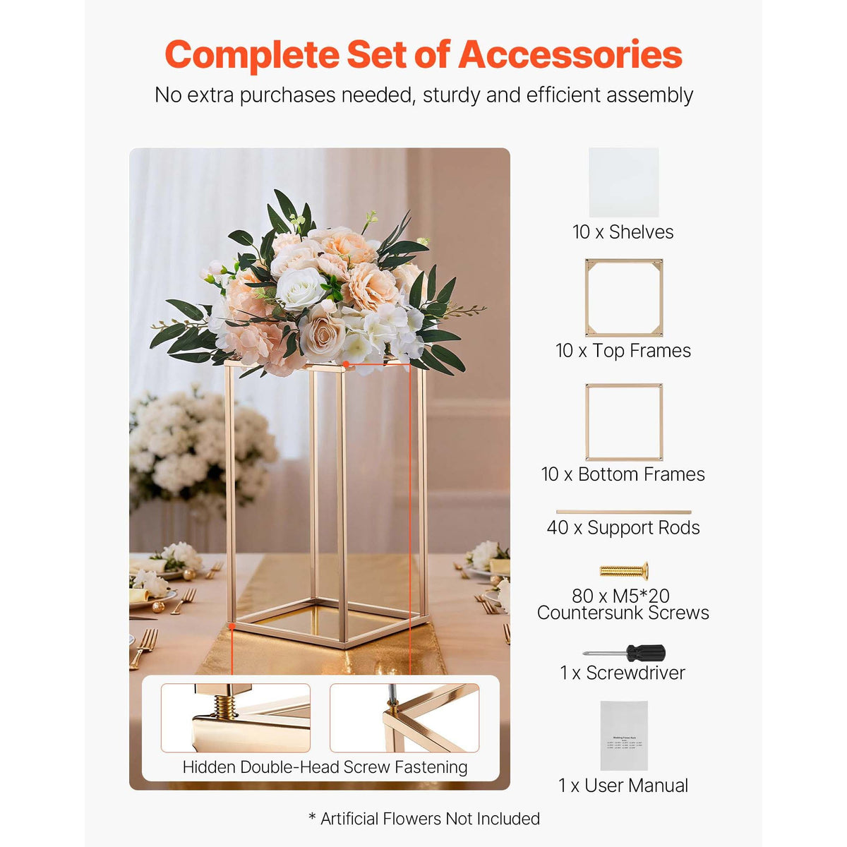 Wedding Flower Stand, 10PCS 15.75-inch Column Flower Stand, Floral Stands with Acrylic Laminate, Gold Rectangular Floral Display Rack for Wedding, Party, Birthday, Home, Gold Centerpiece Stands