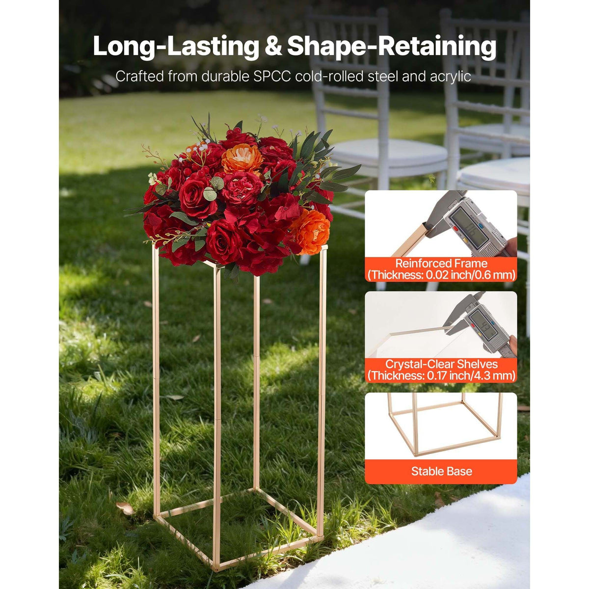 Wedding Flower Stand, 10PCS 23.62-inch Column Flower Stand, Floral Stands with Acrylic Laminate, Gold Rectangular Floral Display Rack for Wedding, Party, Birthday, Home, Gold Centerpiece Stands
