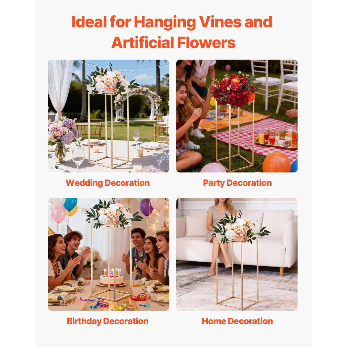 Wedding Flower Stand, 10PCS 23.62-inch Column Flower Stand, Floral Stands with Acrylic Laminate, Gold Rectangular Floral Display Rack for Wedding, Party, Birthday, Home, Gold Centerpiece Stands