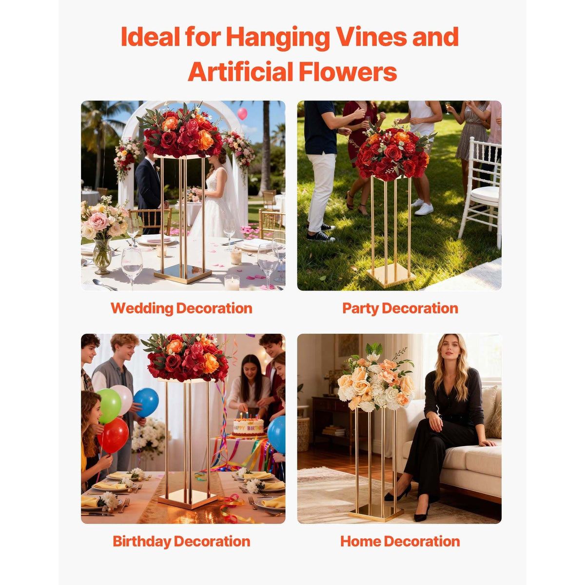 Wedding Flower Stand, 10PCS 23.62-inch Column Flower Stand, Floral Stands with Metal Laminate, Cylindrical Cubic Floral Display Rack for Wedding, Party, Birthday, Home, Gold Centerpiece Stands