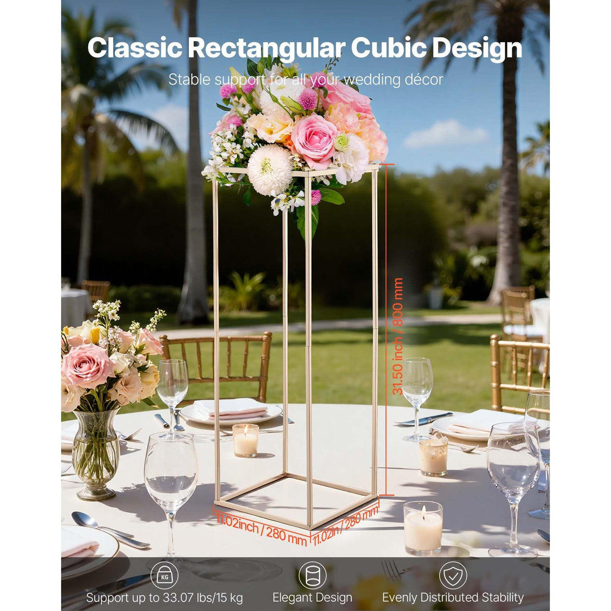 Wedding Flower Stand, 10PCS 31.5-inch Column Flower Stand, Floral Stands with Hidden Screw, Rectangular Cubic Floral Display Rack for Wedding, Party, Birthday, Home, Gold Centerpiece Stands