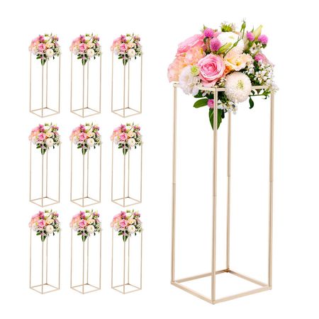 Wedding Flower Stand, 10PCS 31.5-inch Column Flower Stand, Floral Stands with Hidden Screw, Rectangular Cubic Floral Display Rack for Wedding, Party, Birthday, Home, Gold Centerpiece Stands