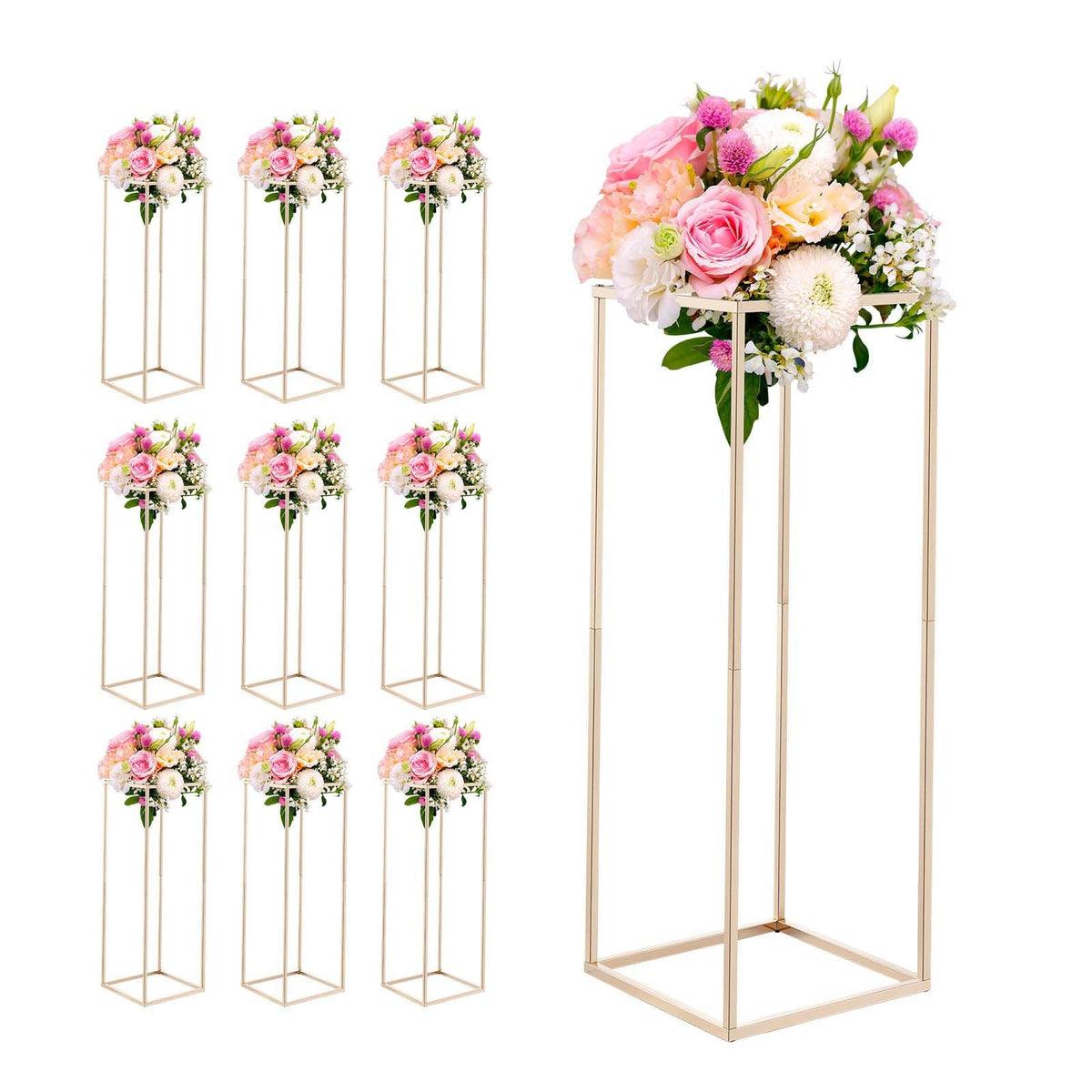 Wedding Flower Stand, 10PCS 31.5-inch Column Flower Stand, Floral Stands with Hidden Screw, Rectangular Cubic Floral Display Rack for Wedding, Party, Birthday, Home, Gold Centerpiece Stands