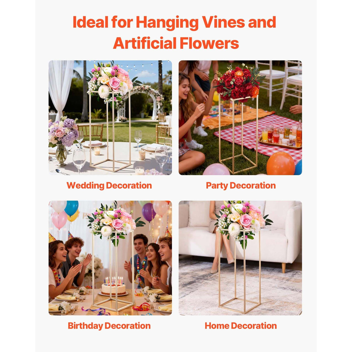 Wedding Flower Stand, 10PCS 31.5-inch Column Flower Stand, Floral Stands with Hidden Screw, Rectangular Cubic Floral Display Rack for Wedding, Party, Birthday, Home, Gold Centerpiece Stands