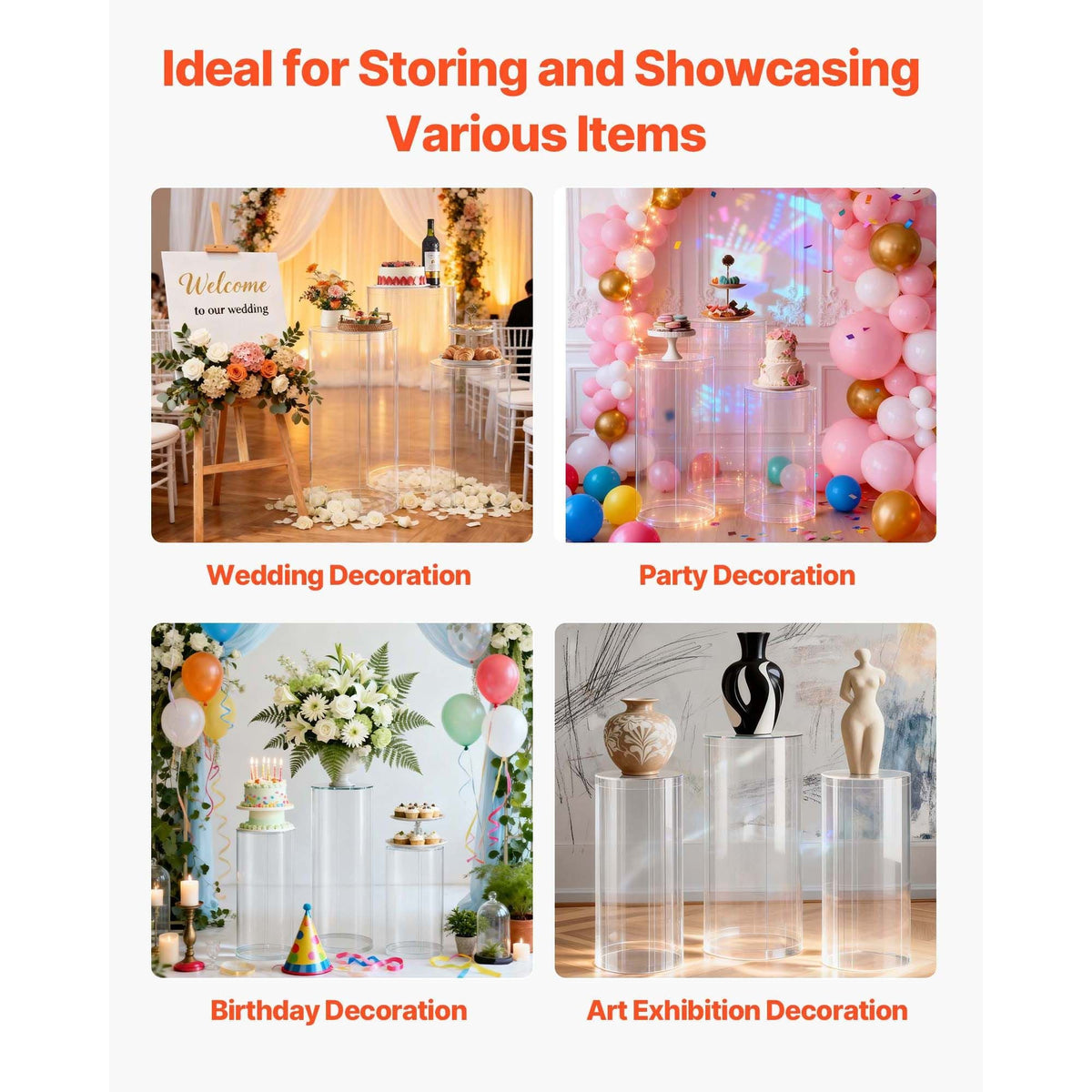 Wedding Flower Stand, 3PCS 23.62/29.53/35.43 inch Round Cylinder Plinth, Clear Pedestal Stand with Transparent Acrylic Lid, Cylindrical Pedestal Stands for Wedding, Party, Birthday, Art Decor