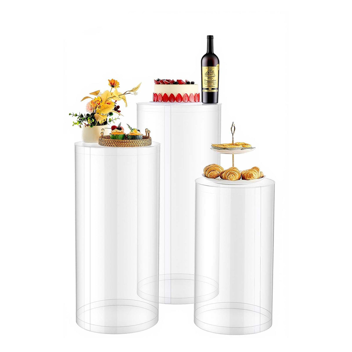 Wedding Flower Stand, 3PCS 23.62/29.53/35.43 inch Round Cylinder Plinth, Clear Pedestal Stand with Transparent Acrylic Lid, Cylindrical Pedestal Stands for Wedding, Party, Birthday, Art Decor