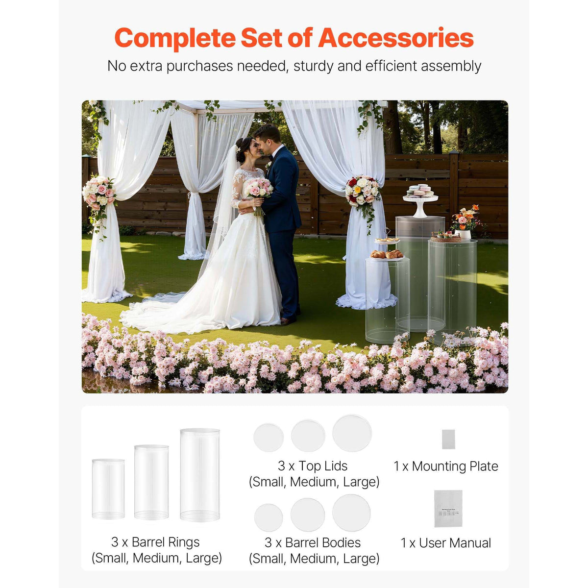Wedding Flower Stand, 3PCS 23.62/29.53/35.43 inch Round Cylinder Plinth, Clear Pedestal Stand with Transparent Acrylic Lid, Cylindrical Pedestal Stands for Wedding, Party, Birthday, Art Decor