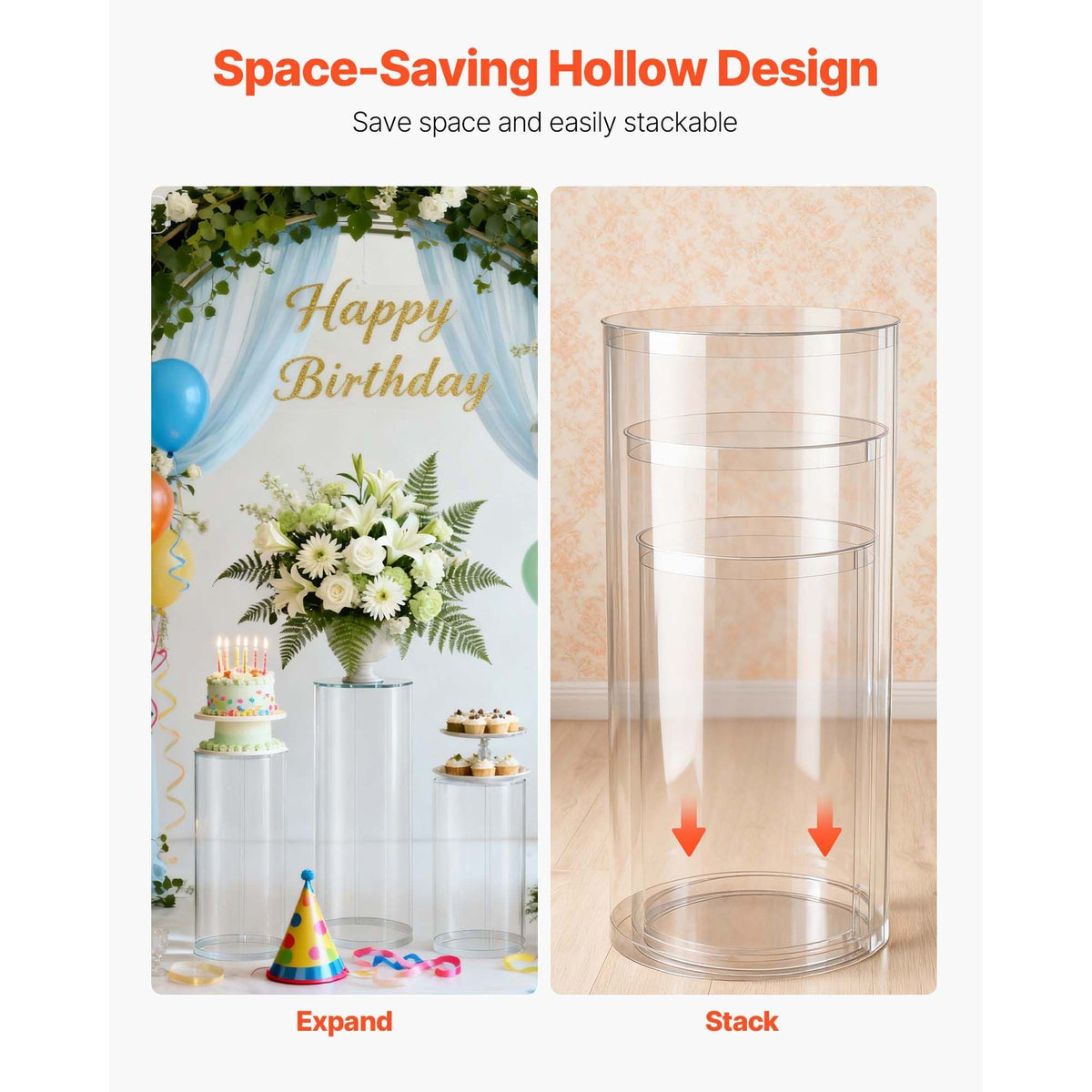 Wedding Flower Stand, 3PCS 23.62/29.53/35.43 inch Round Cylinder Plinth, Clear Pedestal Stand with Transparent Acrylic Lid, Cylindrical Pedestal Stands for Wedding, Party, Birthday, Art Decor