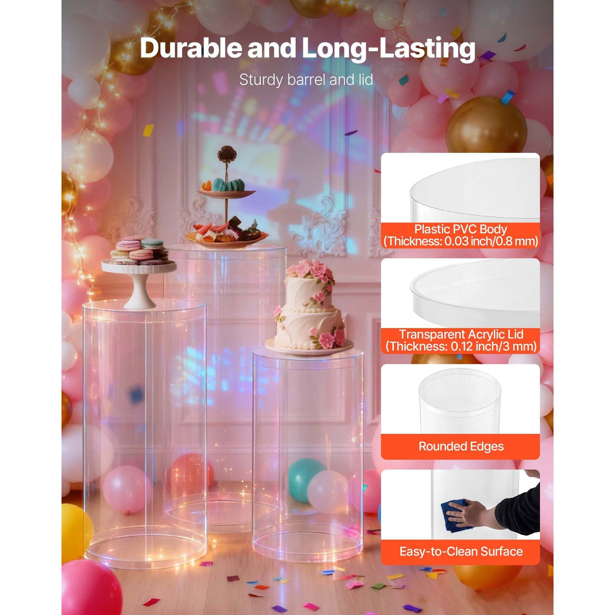 Wedding Flower Stand, 3PCS 23.62/29.53/35.43 inch Round Cylinder Plinth, Clear Pedestal Stand with Transparent Acrylic Lid, Cylindrical Pedestal Stands for Wedding, Party, Birthday, Art Decor