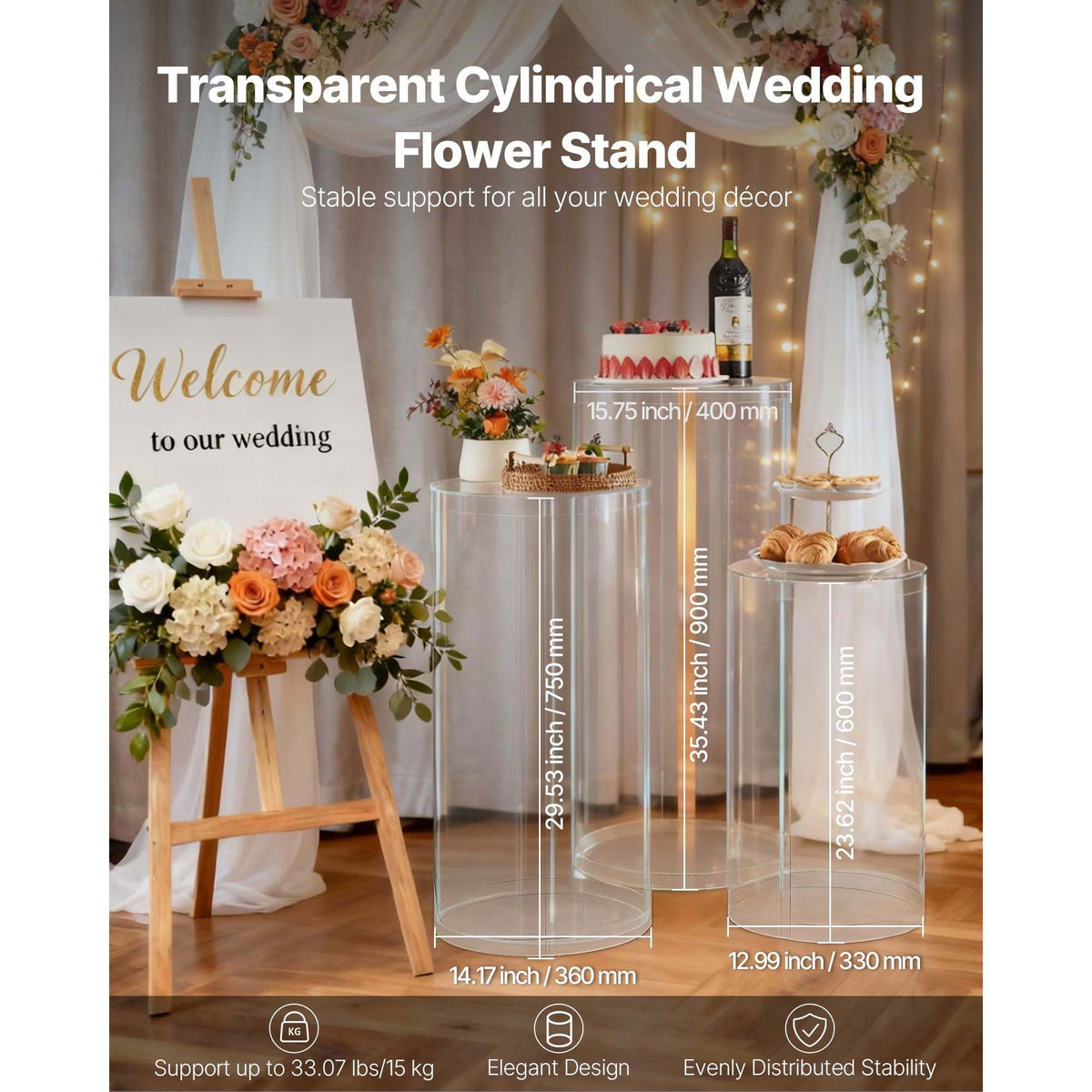 Wedding Flower Stand, 3PCS 23.62/29.53/35.43 inch Round Cylinder Plinth, Clear Pedestal Stand with Transparent Acrylic Lid, Cylindrical Pedestal Stands for Wedding, Party, Birthday, Art Decor