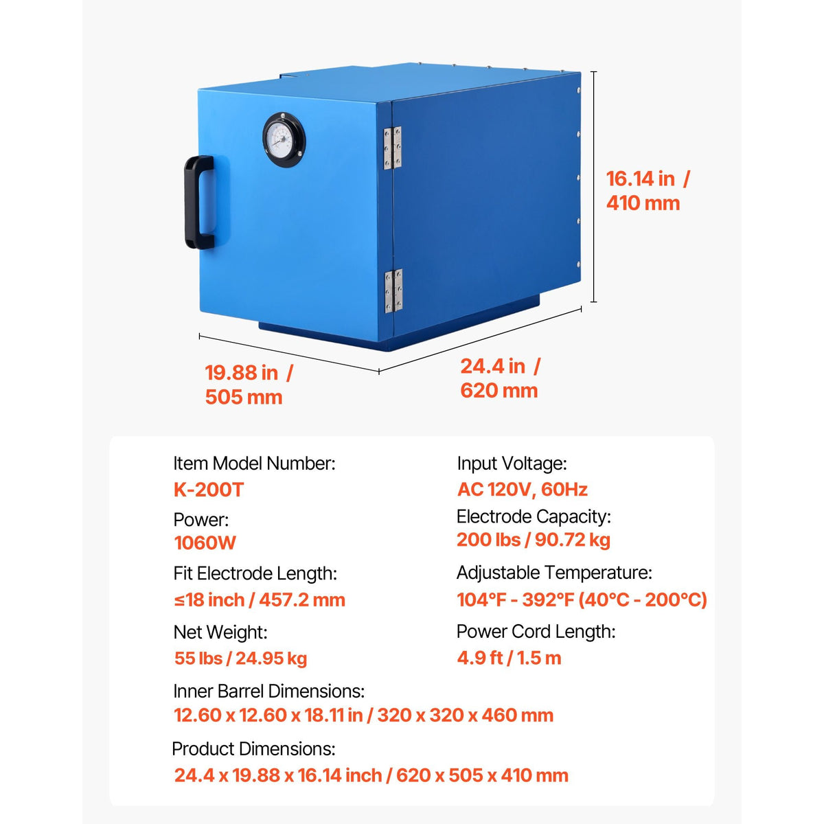Welding Rod Oven, 200LBS Capacity Countertop Electrodes Drying Oven 1060W 120V, 104 - 392 Fahrenheit Adjustable Welding Rods Dryer for 18-inch Stick Electrode