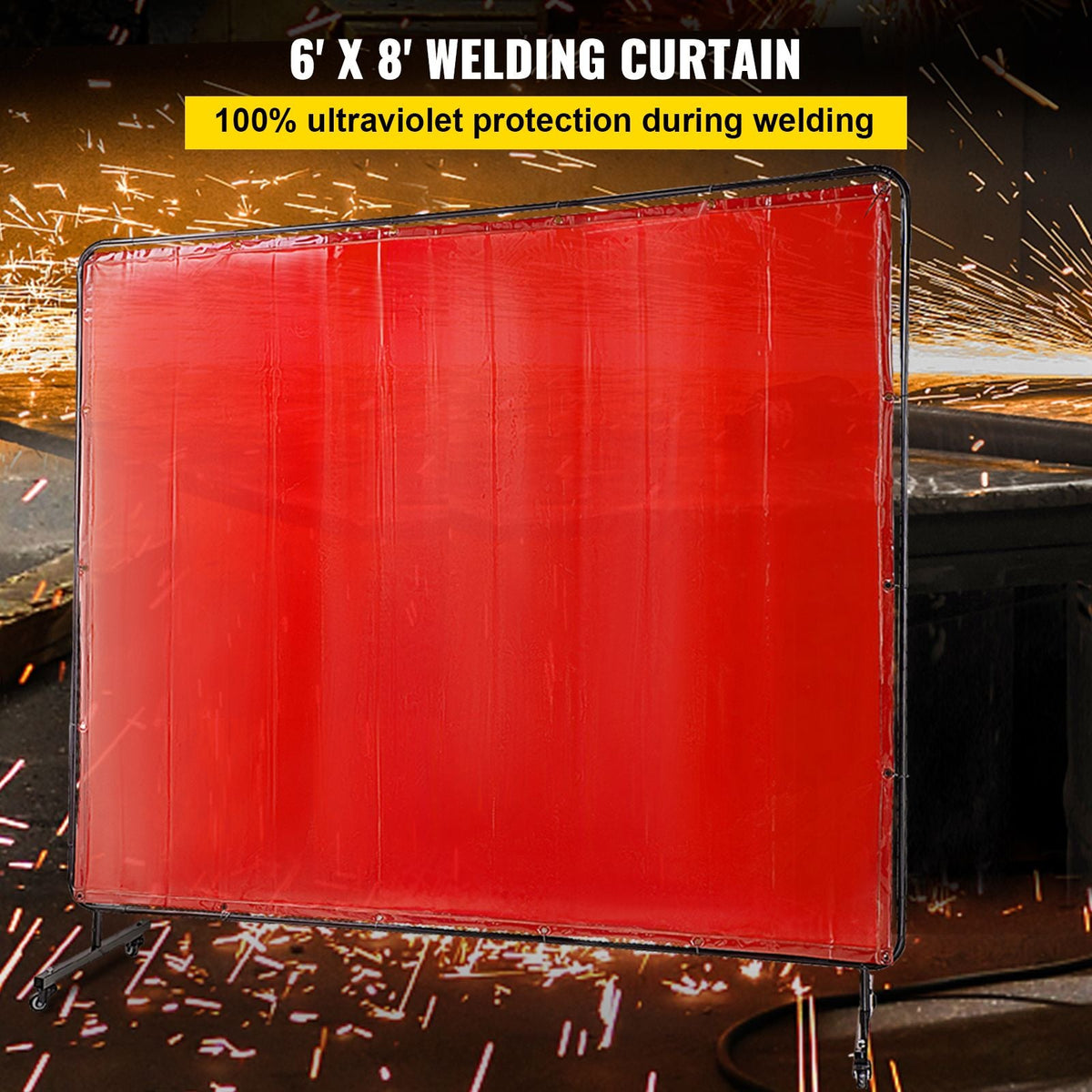 Welding Screen with Frame 8\' x 6\', Welding Curtain with 4 Wheels, Welding Protection Screen Red Flame-Resistant Vinyl, Portable Light-Proof Professional