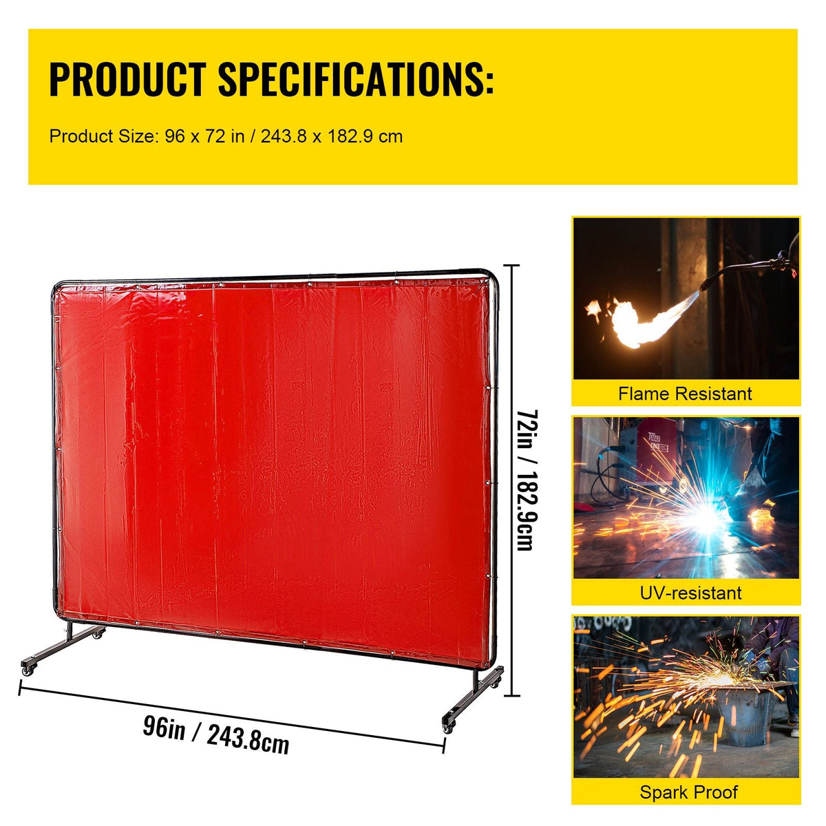 Welding Screen with Frame 8\' x 6\', Welding Curtain with 4 Wheels, Welding Protection Screen Red Flame-Resistant Vinyl, Portable Light-Proof Professional