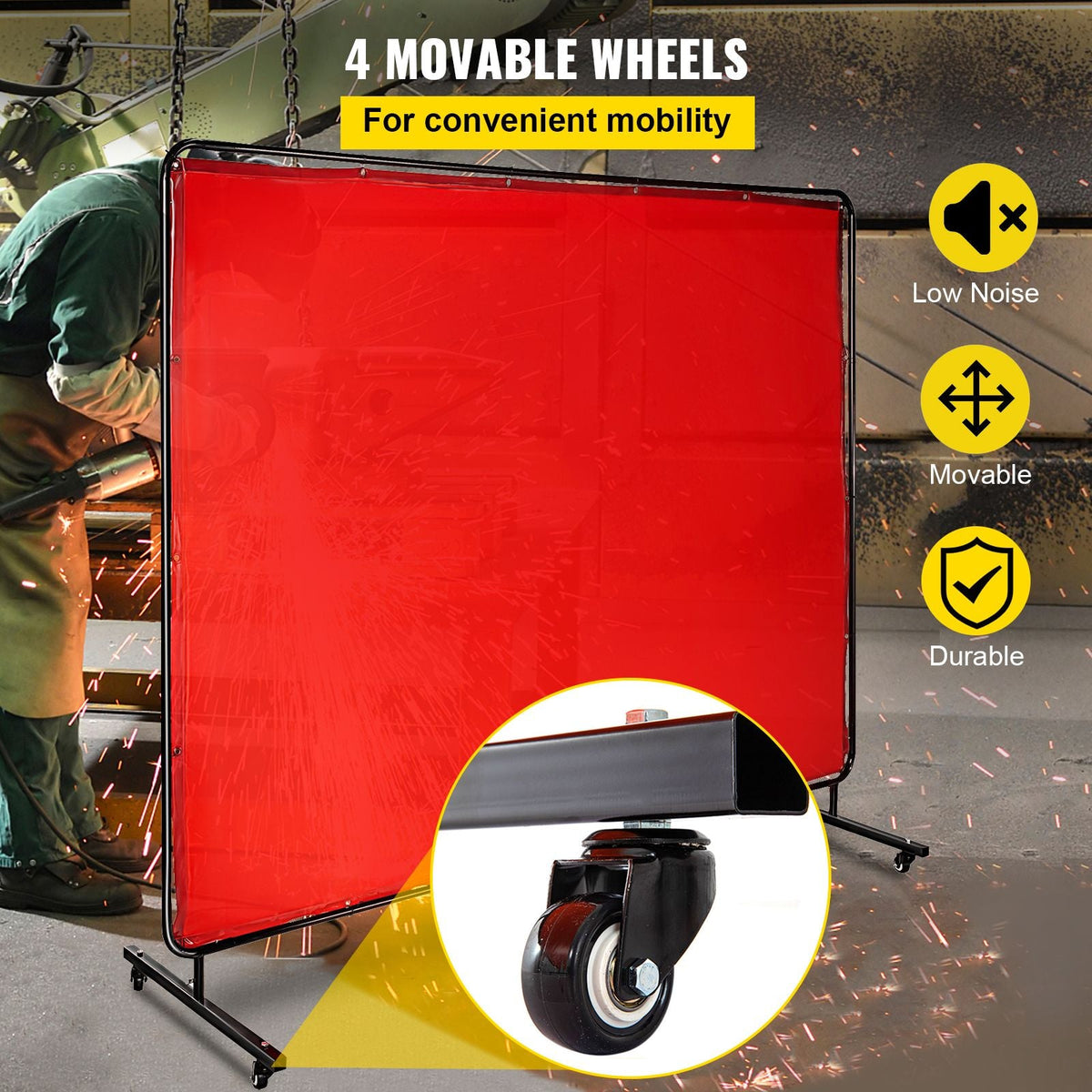 Welding Screen with Frame 8\' x 6\', Welding Curtain with 4 Wheels, Welding Protection Screen Red Flame-Resistant Vinyl, Portable Light-Proof Professional