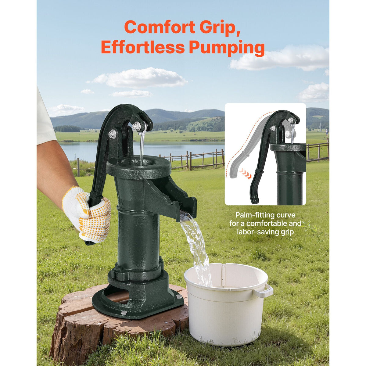 Well Hand Pitcher Pump, 25 ft Maximum Lift, Antique Cast Iron Manual Hand Water Pump, NPT 1-1/4 in Connection, Easy Installation, Old Fashioned for Outdoor Garden, Pond, Backyard, Farm, Green