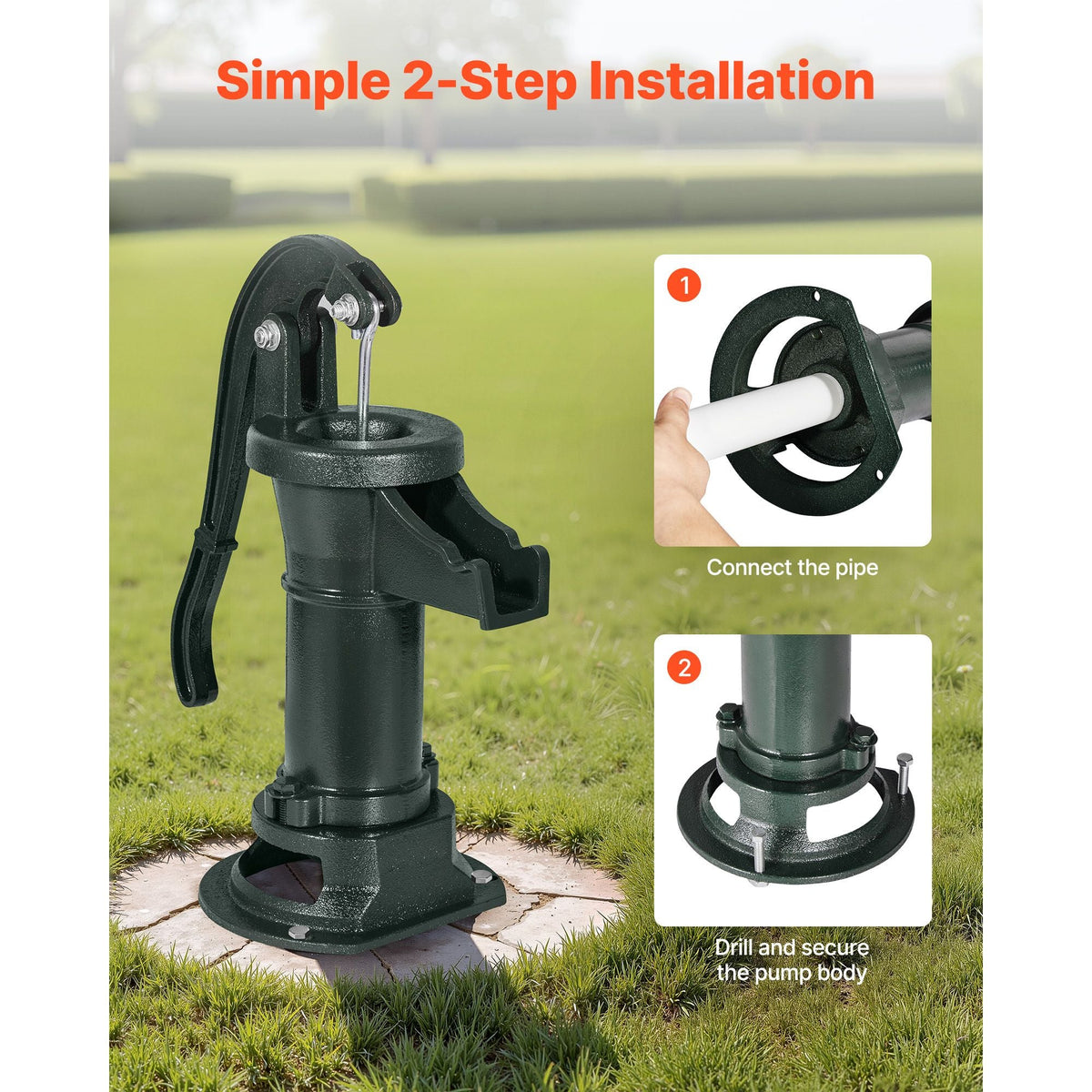 Well Hand Pitcher Pump, 25 ft Maximum Lift, Antique Cast Iron Manual Hand Water Pump, NPT 1-1/4 in Connection, Easy Installation, Old Fashioned for Outdoor Garden, Pond, Backyard, Farm, Green