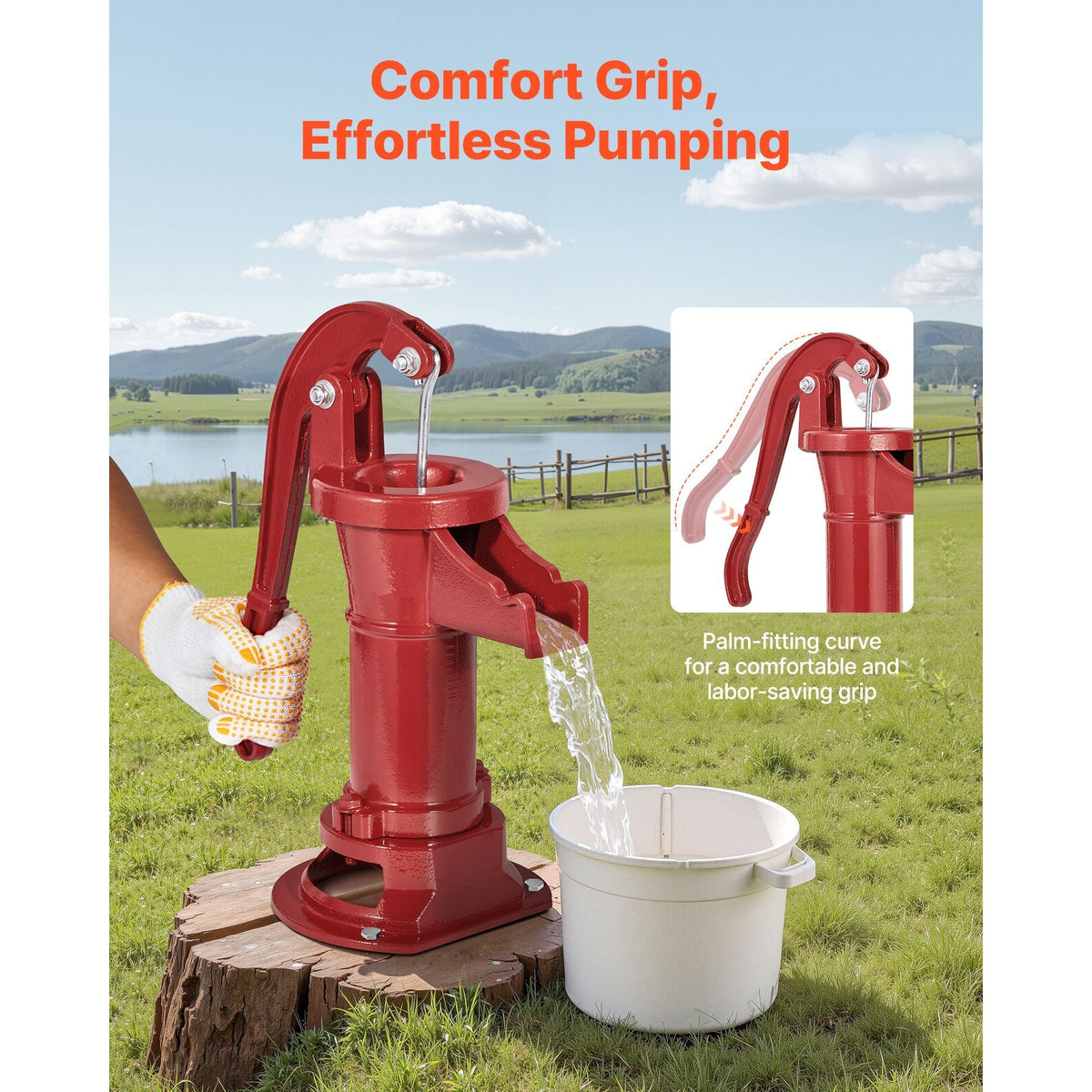 Well Hand Pitcher Pump, 25 ft Maximum Lift, Antique Cast Iron Manual Hand Water Pump, NPT 1-1/4 in Connection, Easy Installation, Old Fashioned for Outdoor Garden, Pond, Backyard, Farm, Red