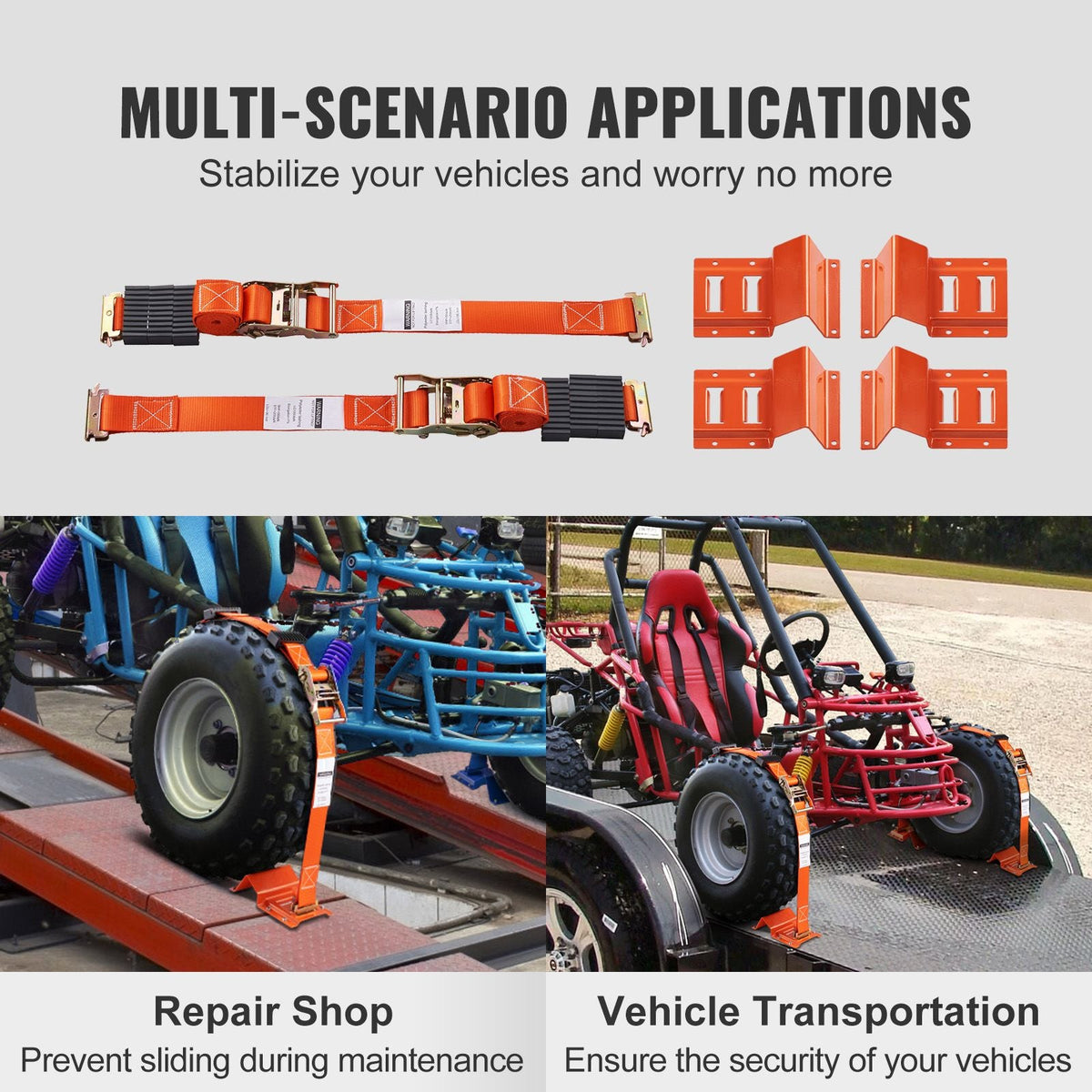 Wheel Chock Tie Down Kit, 2" x 96" Tie Down Strap Kit, Heavy Duty Trailer Tie Down System for 10"-23" Wheels, ATV, UTV, Trailer, Mower, Wheel Chock & Tie-Down Accessories, 4-Pack