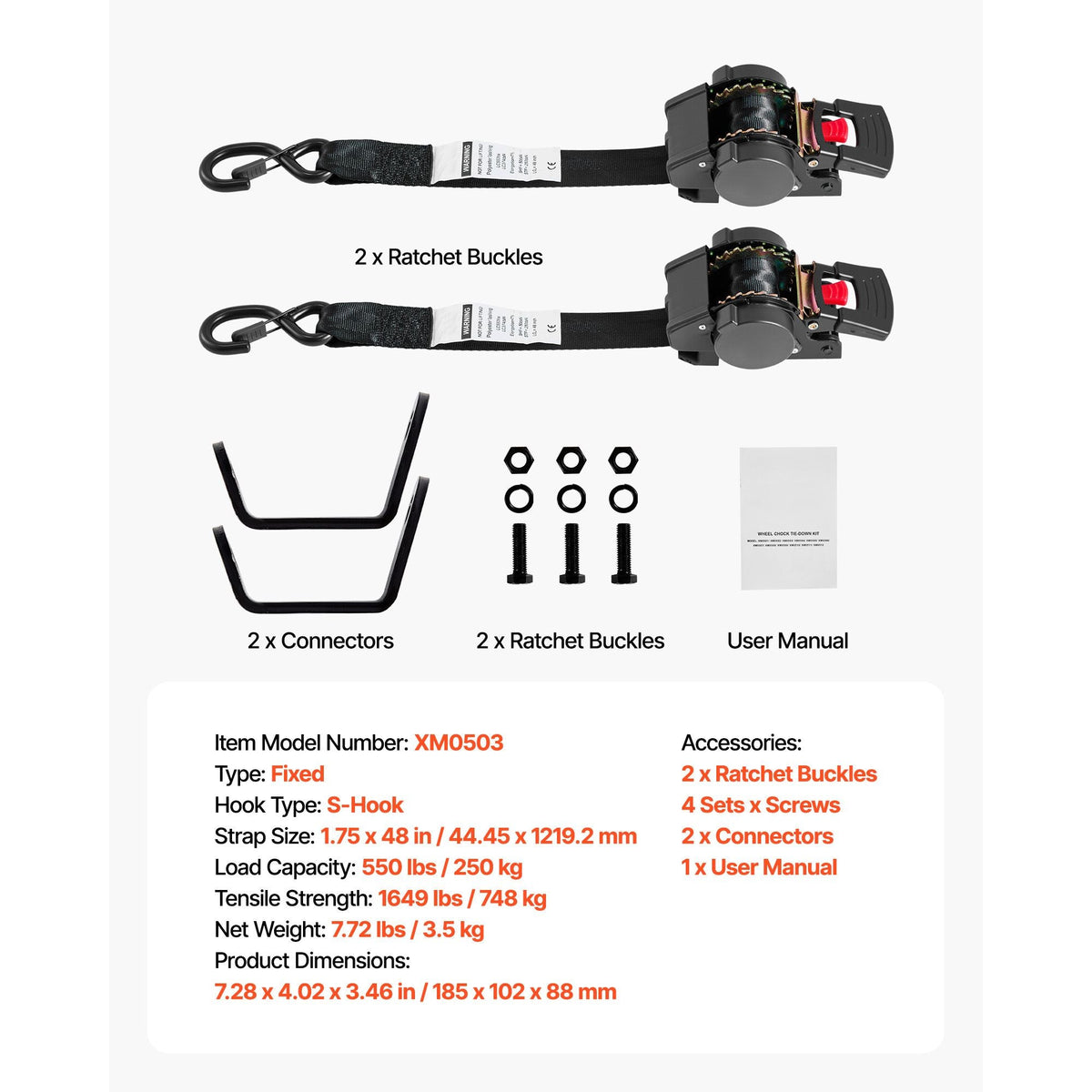 Wheel Chock Tie-Down Kit, Fixed Trailer Tie Down Strap, Car Tie Down Kit with S-Hook, Break Strength 1649 lbs & Working Load 550 lbs Motorcycle Tie-Down System for Trailers, Boats, Snowmobiles