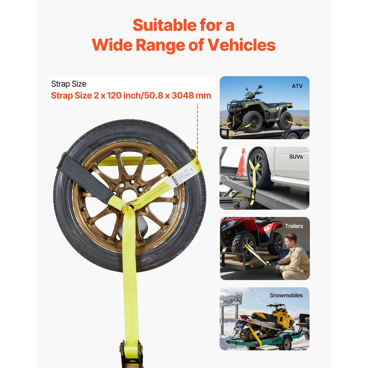 Wheel Chock Tie-Down Kit, Tire-Style Motorcycle Tie-Down System, Car Tie Down Kit with Flat Hook, Break Strength 10009 lbs & Working Load 3333 lbs Trailer Tie Down Strap for ATVs, SUVs, Trailers
