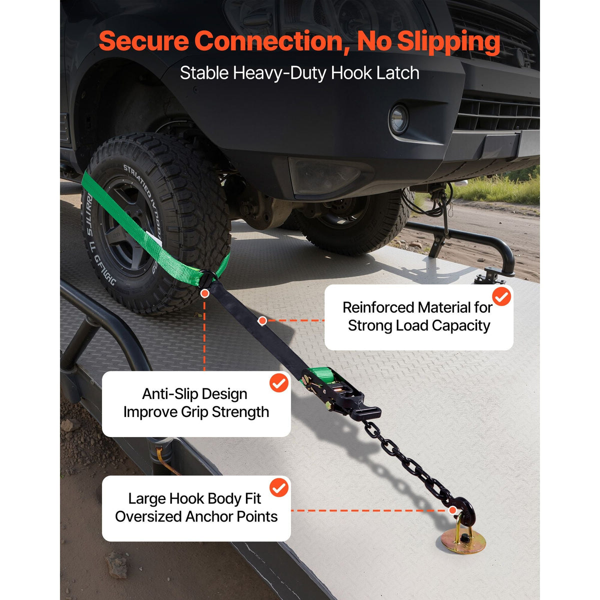 Wheel Chock Tie-Down Kit, Tire-Style Tow Dolly Strap, Car Tie Down Kit with Heavy-Duty Hook, Break Strength 10009 lbs & Working Load 3333 lbs Motorcycle Tie-Down System with O-Ring for ATV, SUV