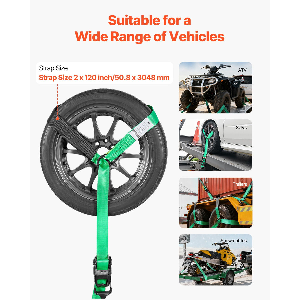 Wheel Chock Tie-Down Kit, Tire-Style Tow Dolly Strap, Car Tie Down Kit with Heavy-Duty Hook, Break Strength 10009 lbs & Working Load 3333 lbs Motorcycle Tie-Down System with O-Ring for ATV, SUV