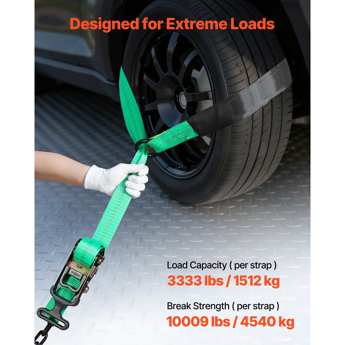 Wheel Chock Tie-Down Kit, Tire-Style Tow Dolly Strap, Car Tie Down Kit with Heavy-Duty Hook, Break Strength 10009 lbs & Working Load 3333 lbs Motorcycle Tie-Down System with O-Ring for ATV, SUV