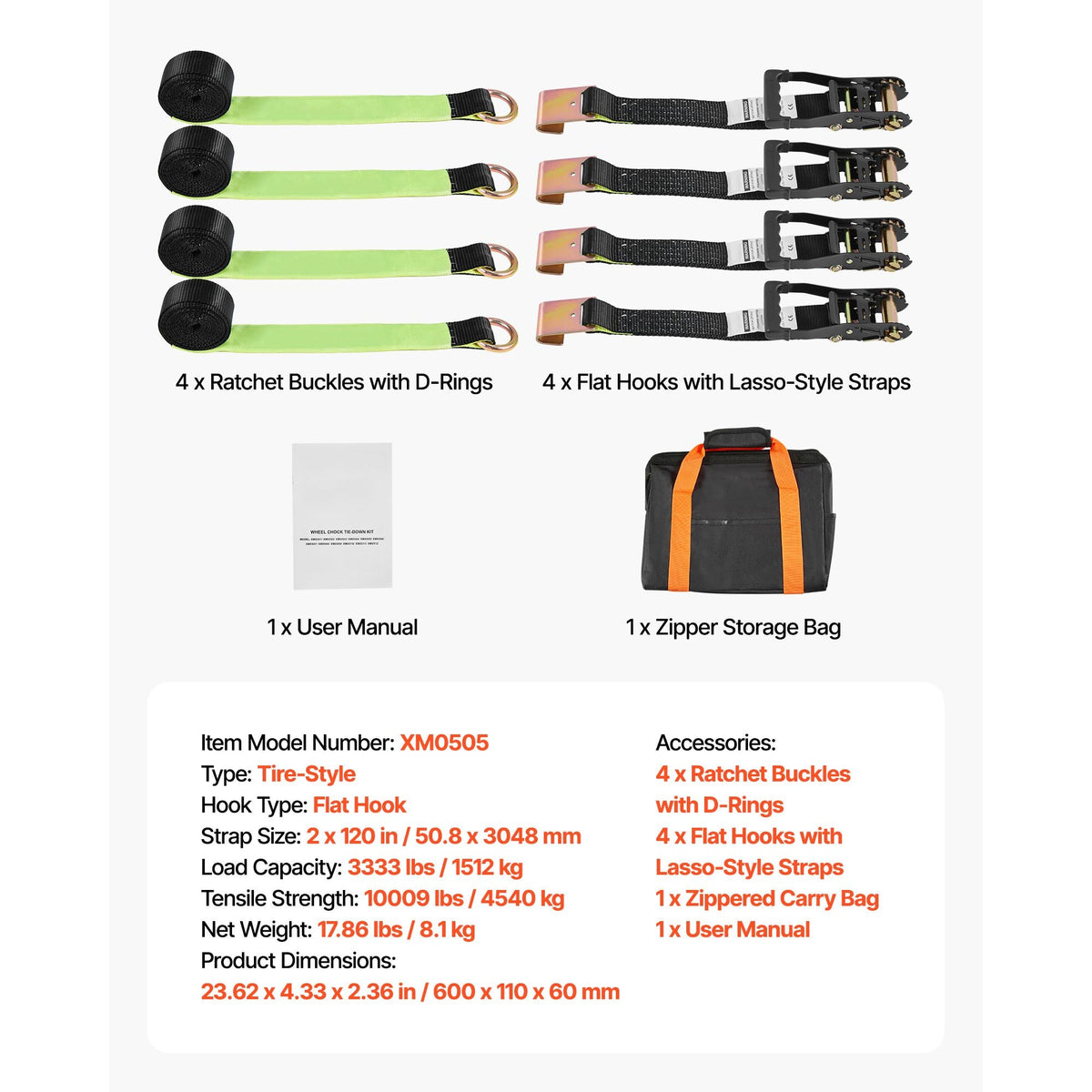 Wheel Chock Tie-Down Kit, Tire-Style Trailer Tie Down Strap, Car Tie Down Kit with Flat Hook, Break Strength 10009 lbs & Working Load 3333 lbs Motorcycle Tie-Down System for ATVs, SUVs, Trailers