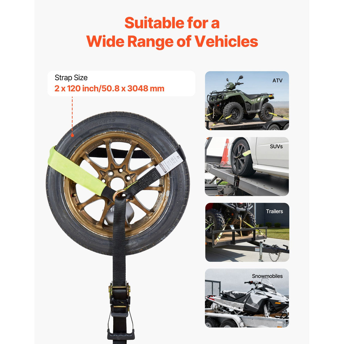 Wheel Chock Tie-Down Kit, Tire-Style Trailer Tie Down Strap, Car Tie Down Kit with Flat Hook, Break Strength 10009 lbs & Working Load 3333 lbs Motorcycle Tie-Down System for ATVs, SUVs, Trailers