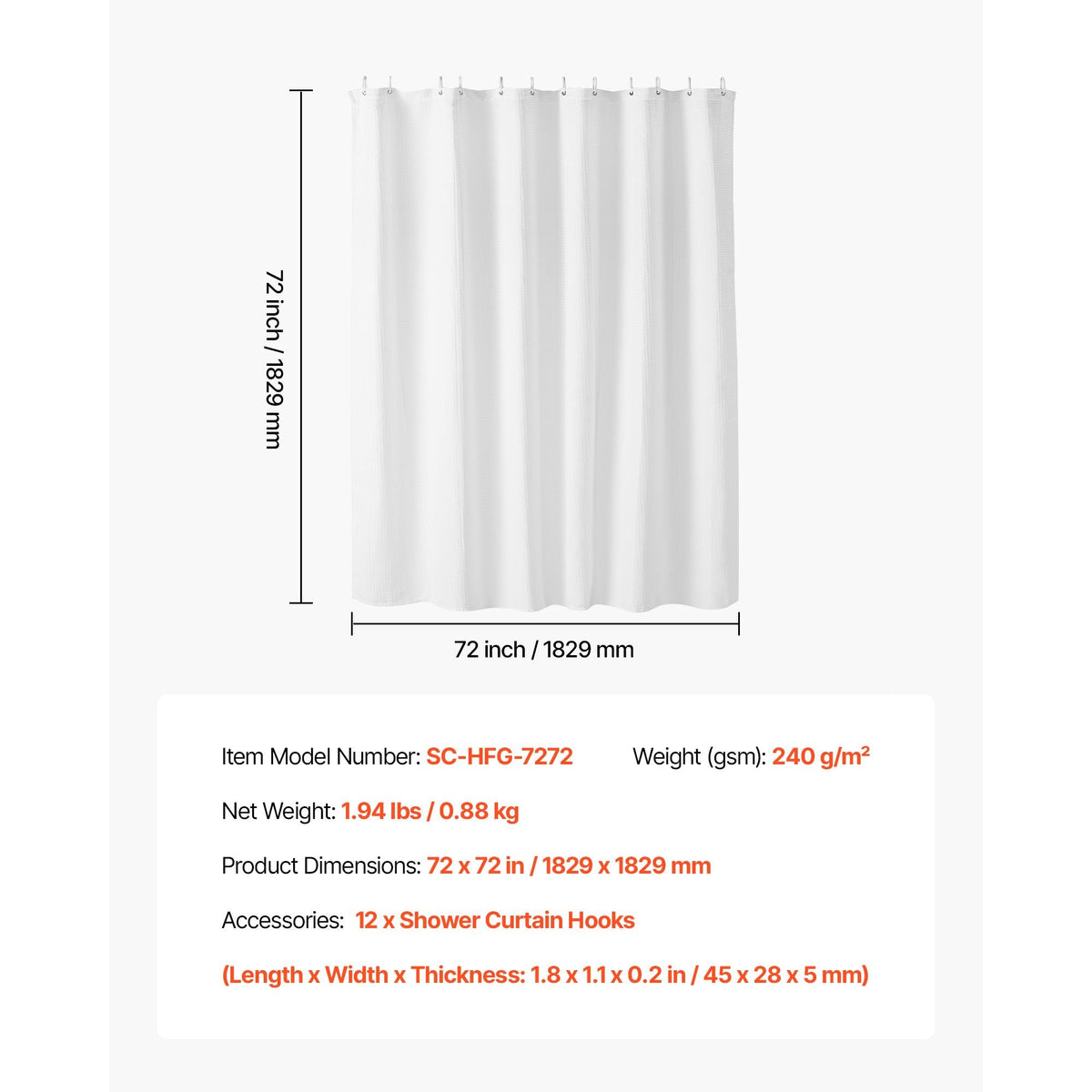 White Fabric Shower Curtain, 240 GSM Weighted Waffle Shower Curtains, Polyester Curtain with Rust-Resistant Hooks, Machine Washable & Water Repellent, for Bathroom Showers, Bath Tubs, 72x72 in